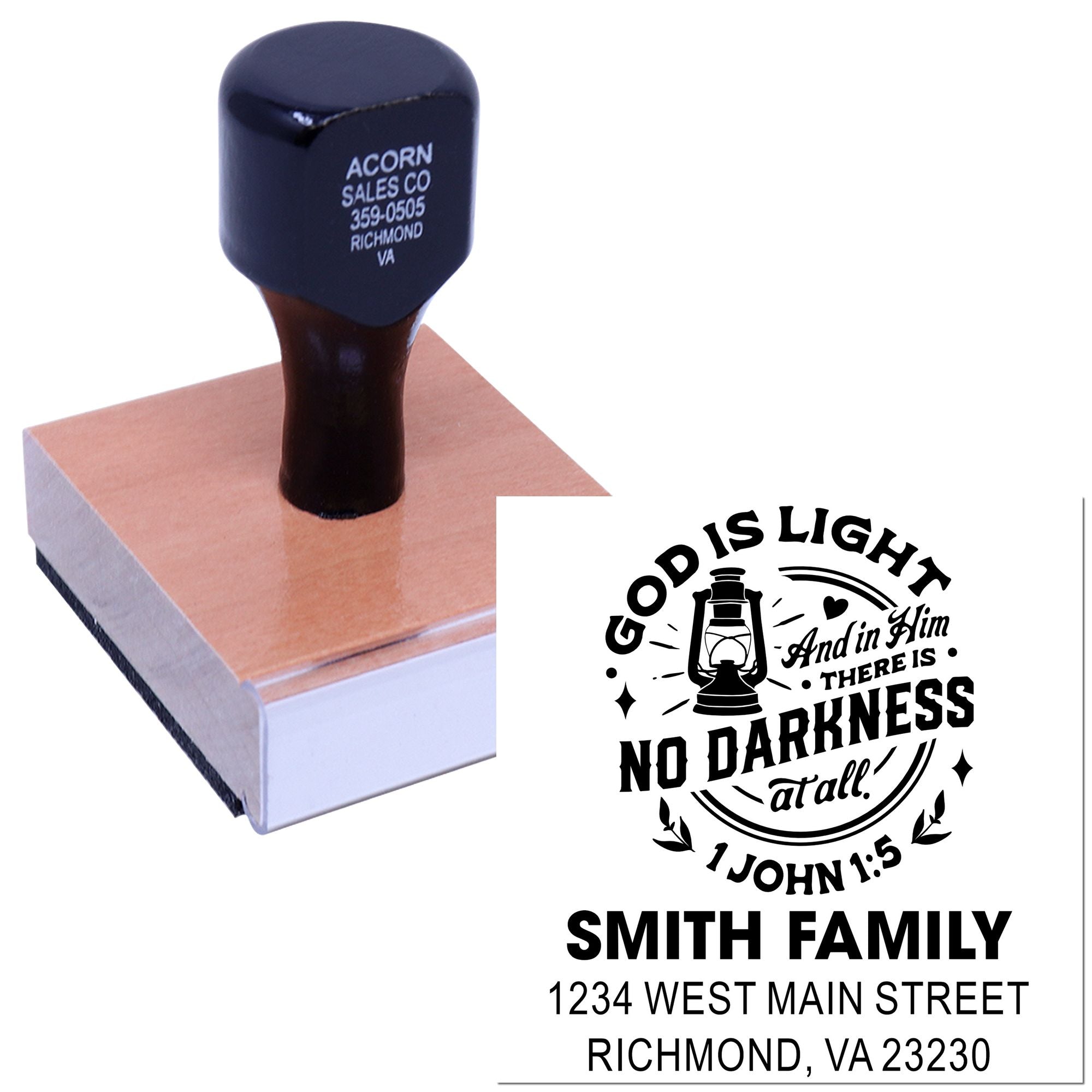 Custom self-inking rubber stamp showing personalized family name, address, and Bible verse design for mail and stationery.