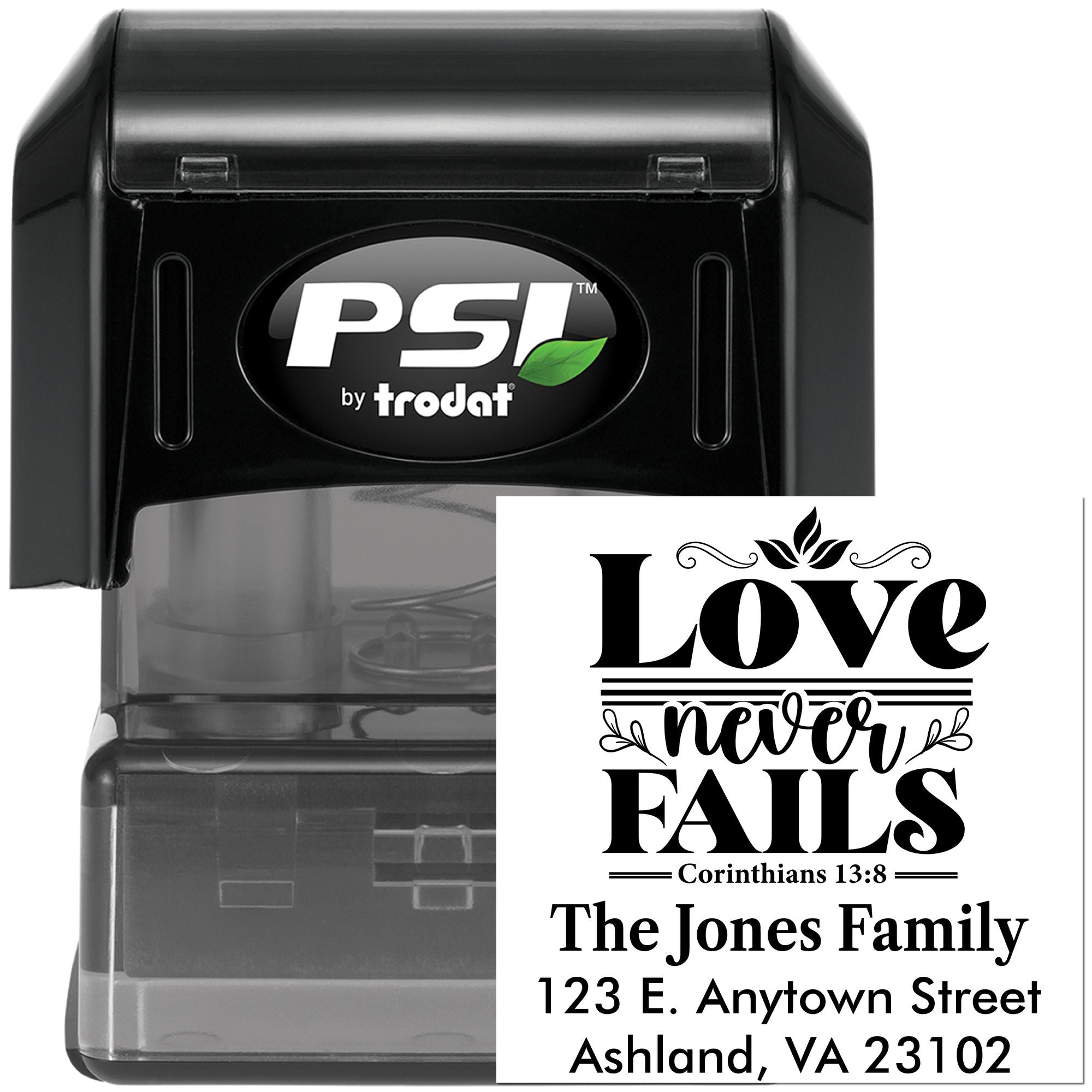 Custom self-inking rubber stamp by PSI by Trodat featuring Love never fails Bible verse and return address design.