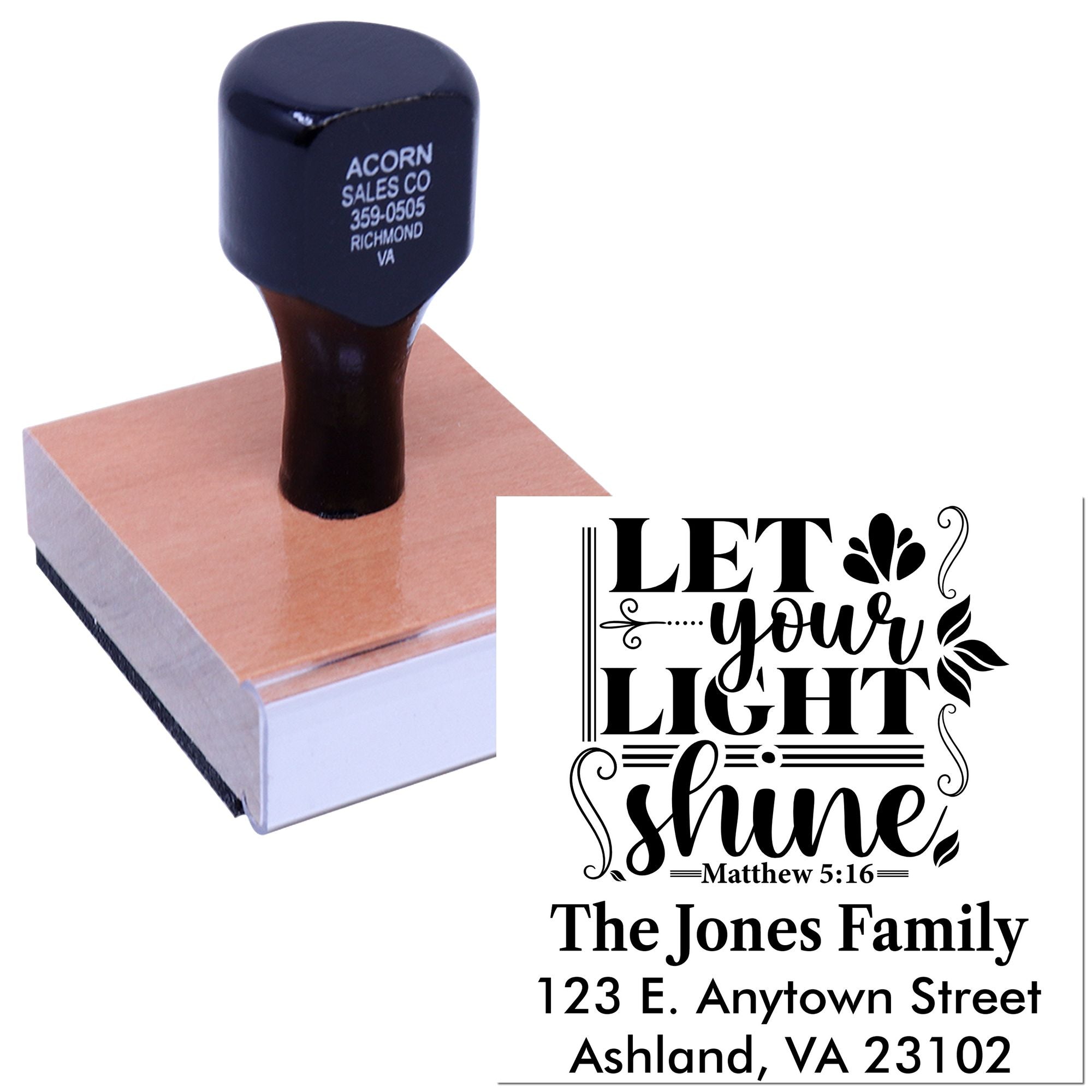 Custom Christian address rubber stamp with Matthew 5:16 Let your light shine for The Jones Family.