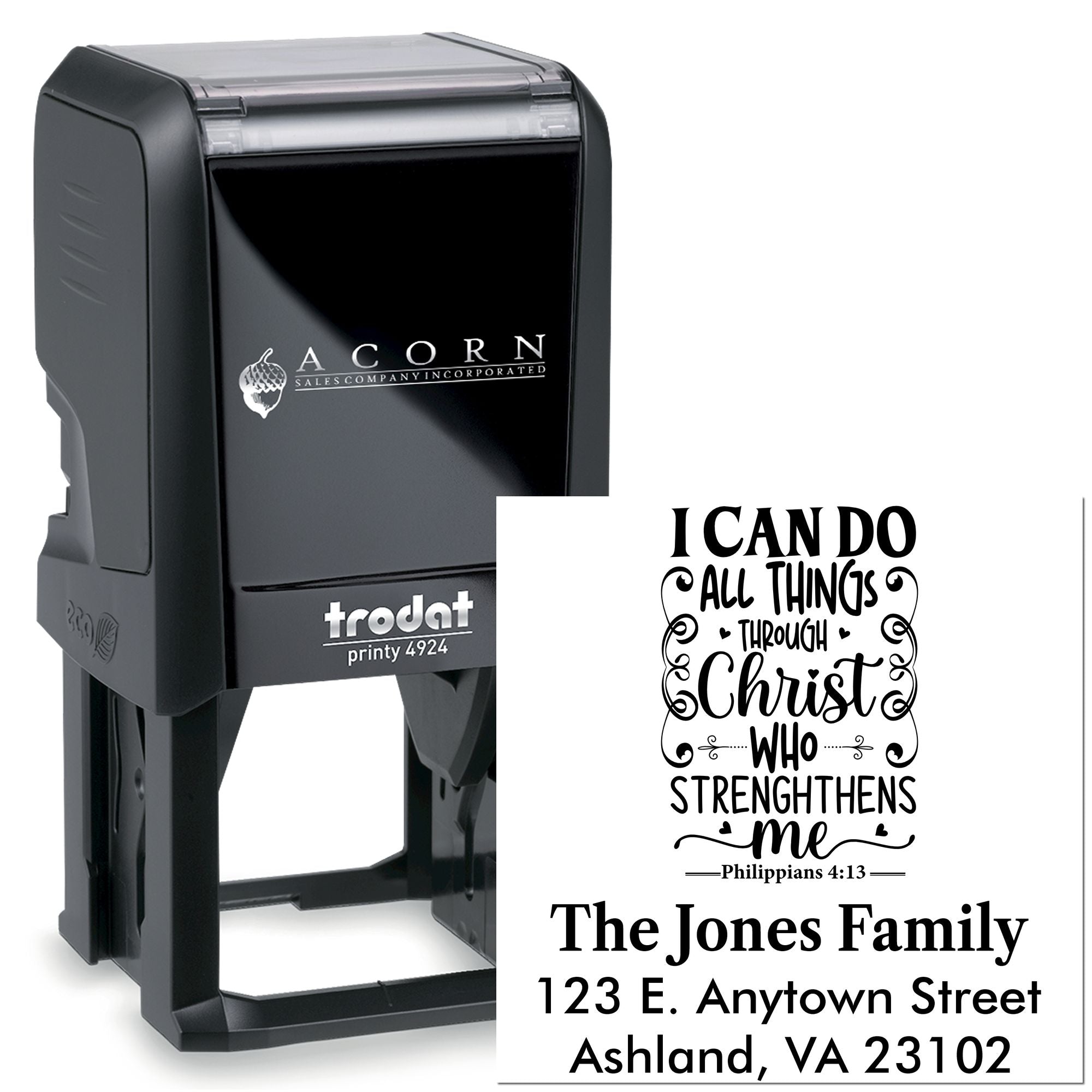 Custom self-inking rubber address stamp with Bible verse, The Jones Family name, and return address.