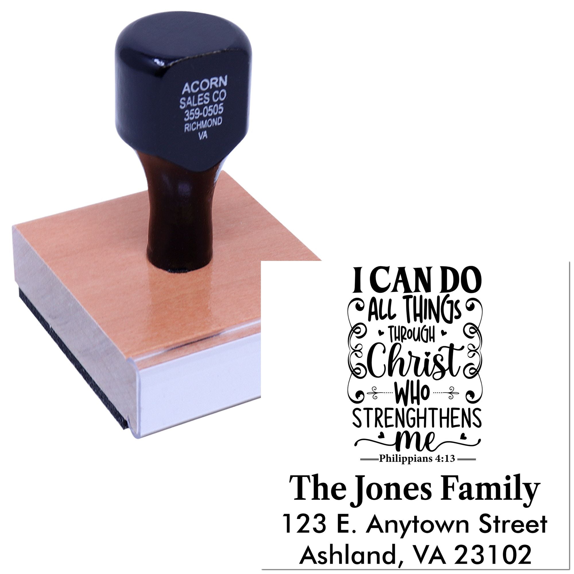 Custom rubber stamp displaying Philippians 4:13 scripture and personalized family return address for Christian mailings.