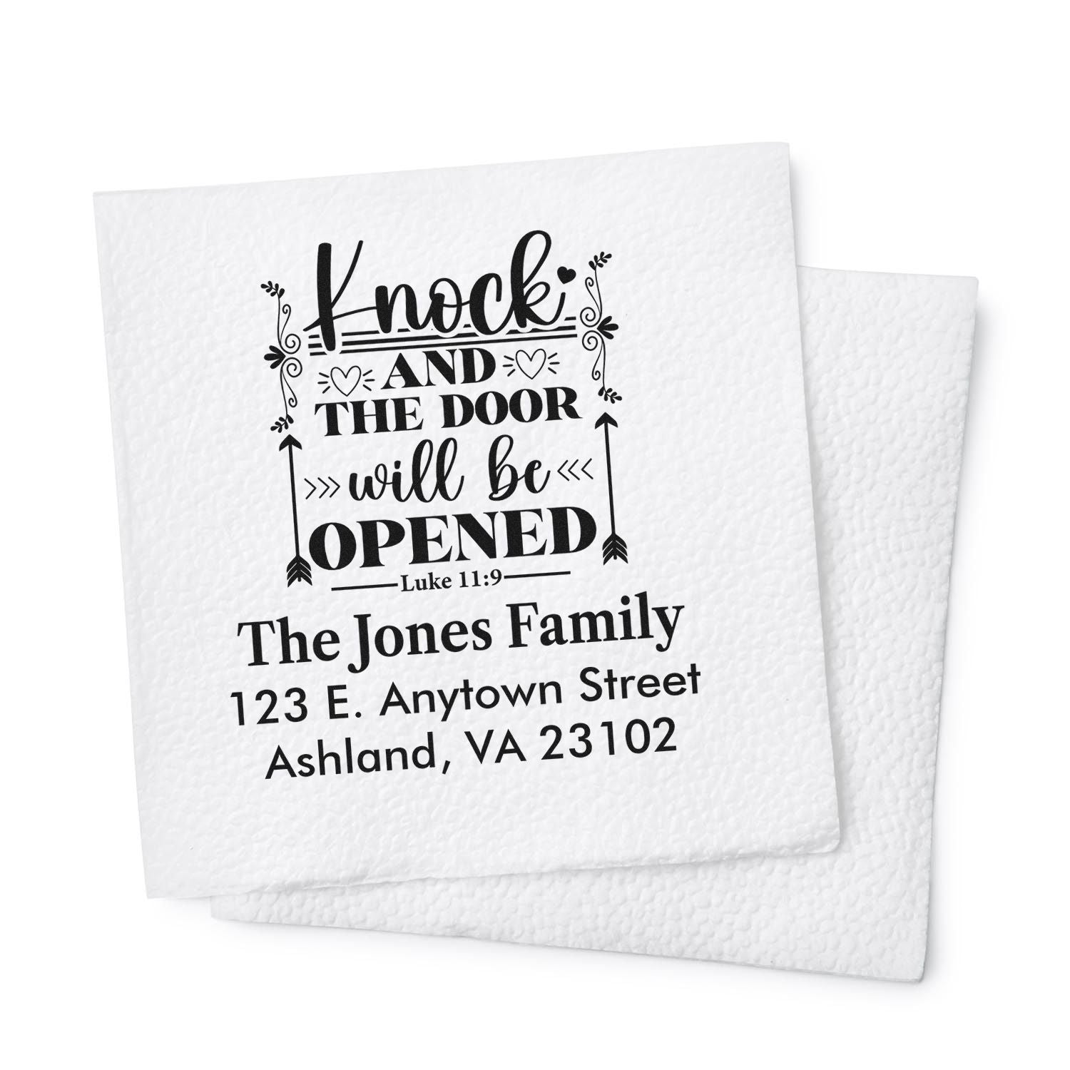 Custom address rubber stamp featuring Knock and the door will be opened Bible verse for personalized family mail.