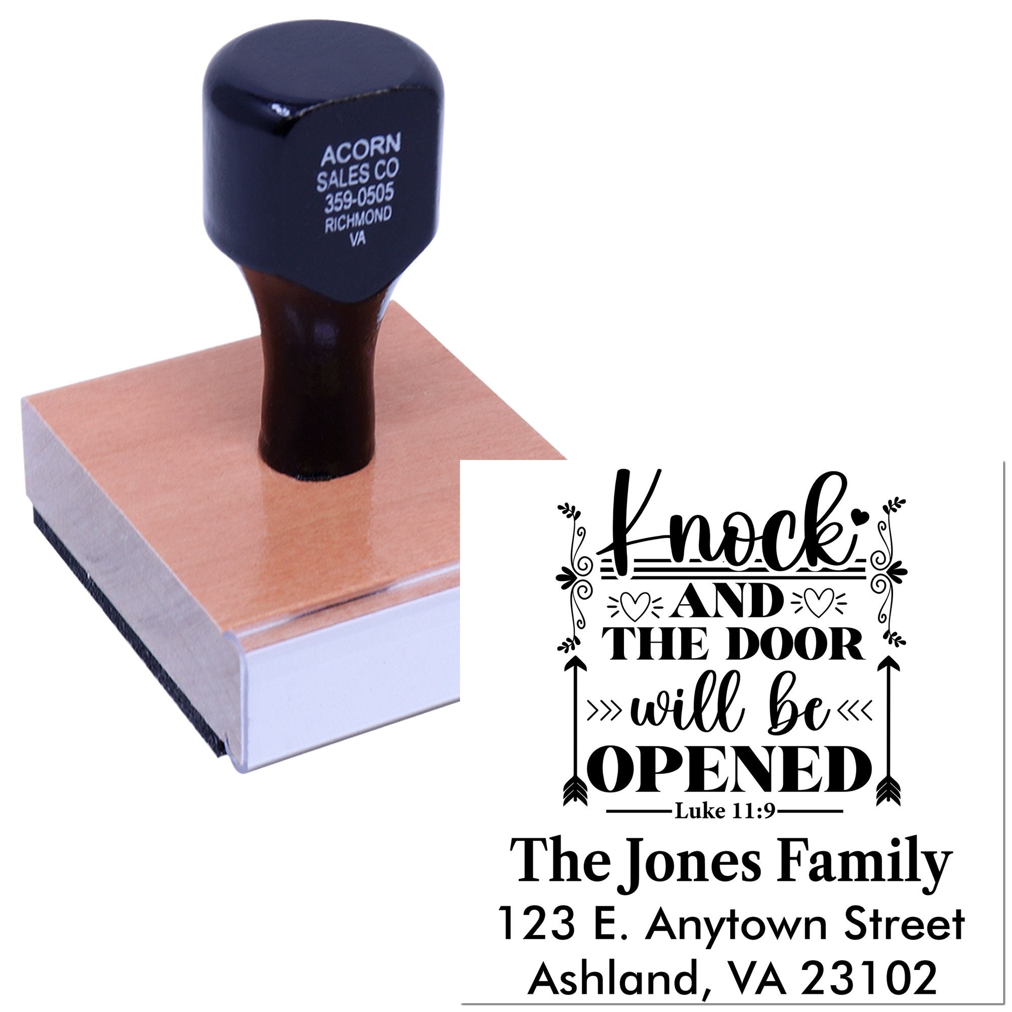 Personalized rubber stamp with Bible verse, family name, and return address for housewarming or church mailings.