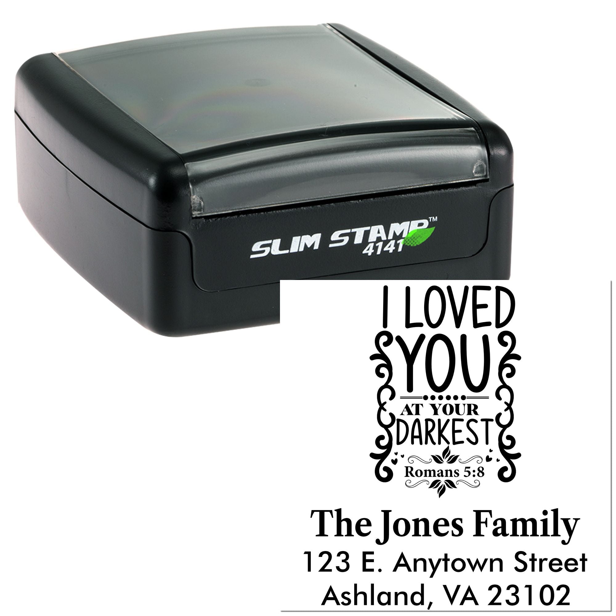Slim Stamp 4141 self-inking rubber stamp with custom Christian quote, family name, and return address imprint.