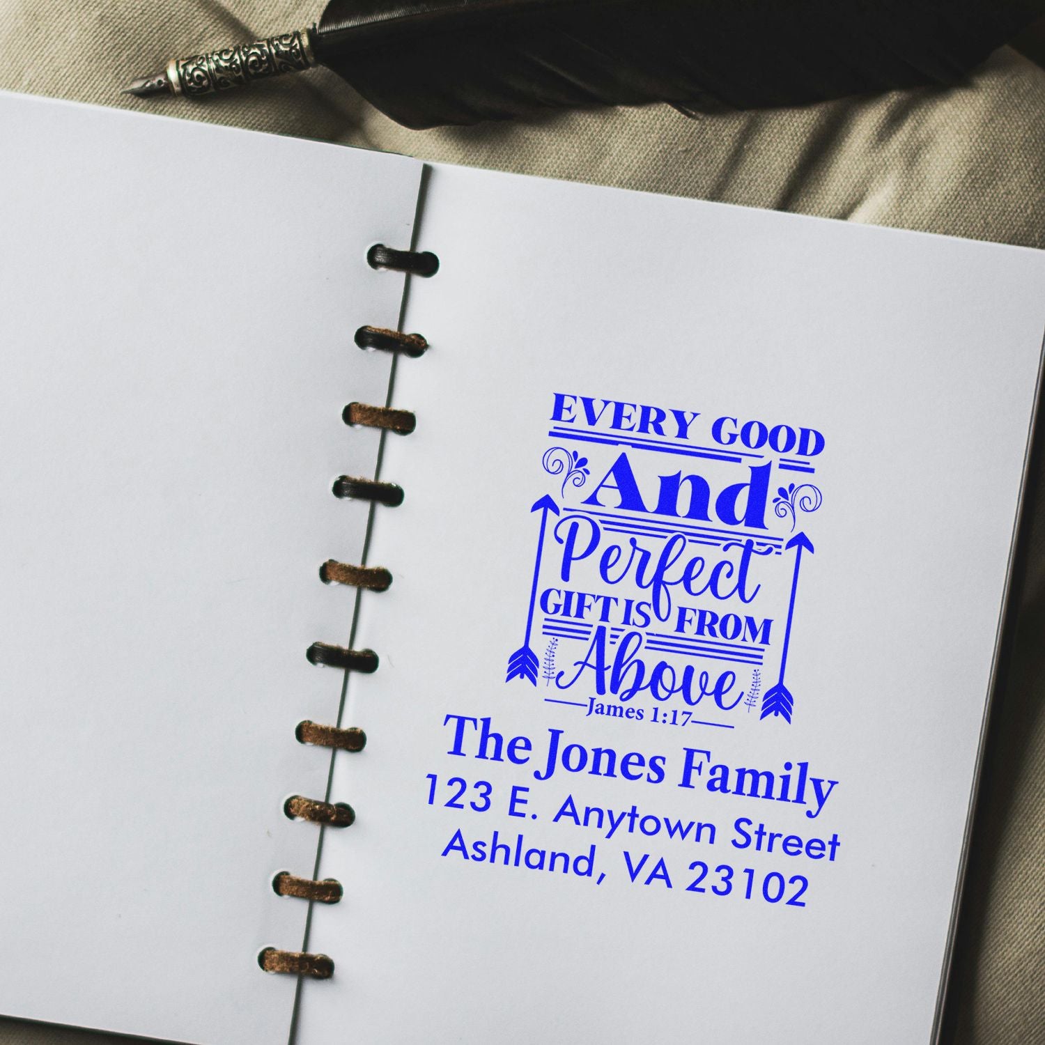 Custom rubber return address stamp with Bible verse design for personalized family stationery and gift packaging.