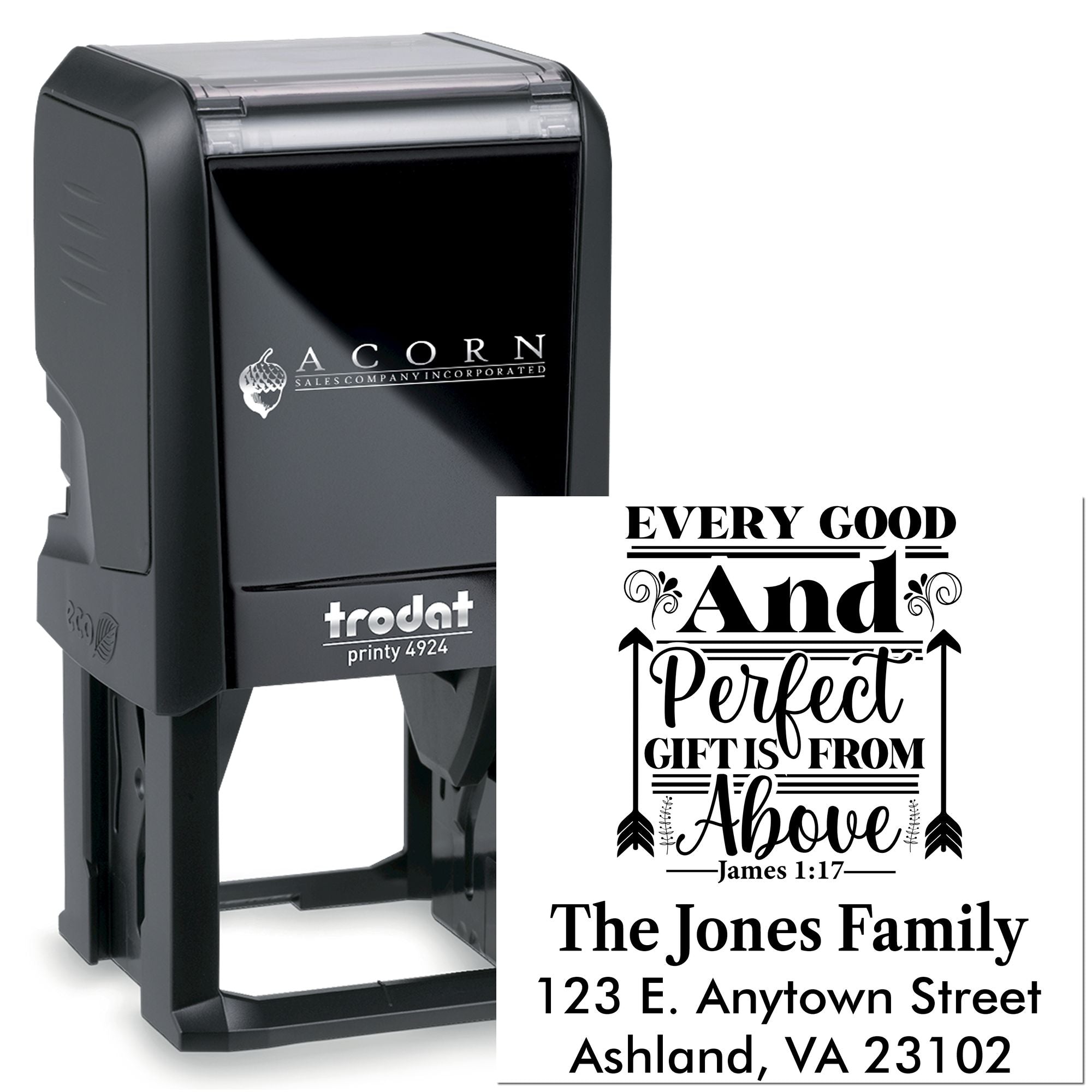 Custom self-inking rubber address stamp with Bible verse and family name for Christian return addresses.