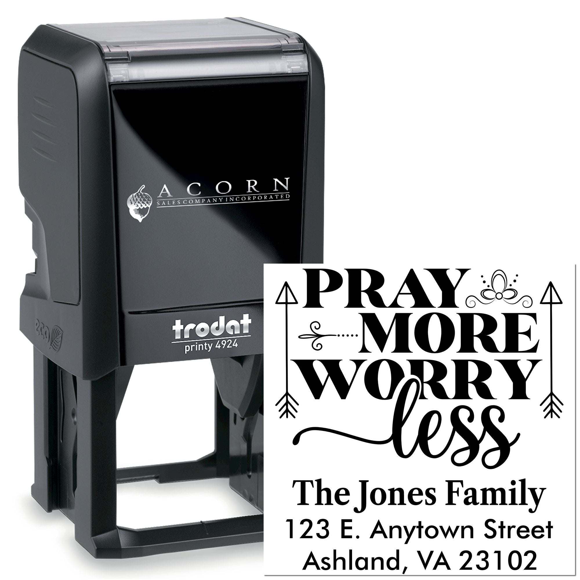 Self-inking custom rubber stamp showing a Pray More Worry Less design with family address for personalized mailing.