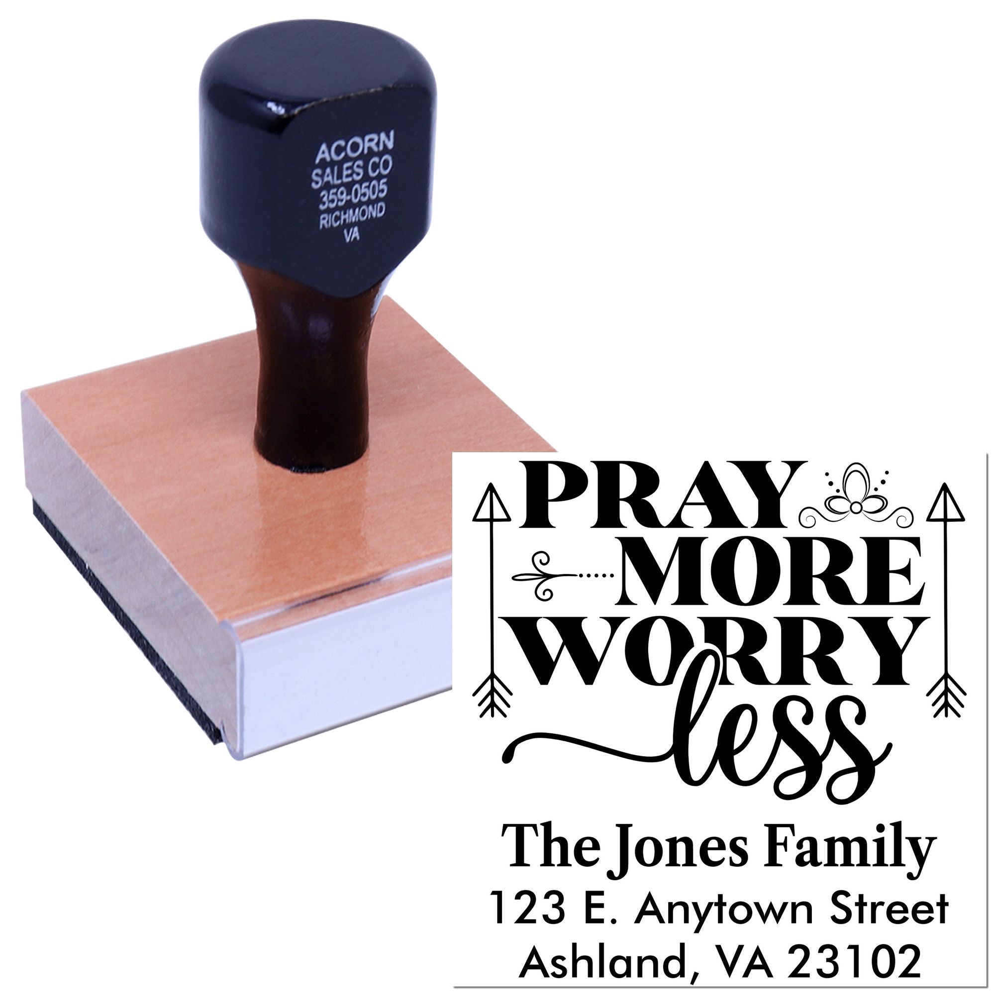 Custom rubber address stamp with Pray More Worry Less design for personalized family mailings and religious gifts.