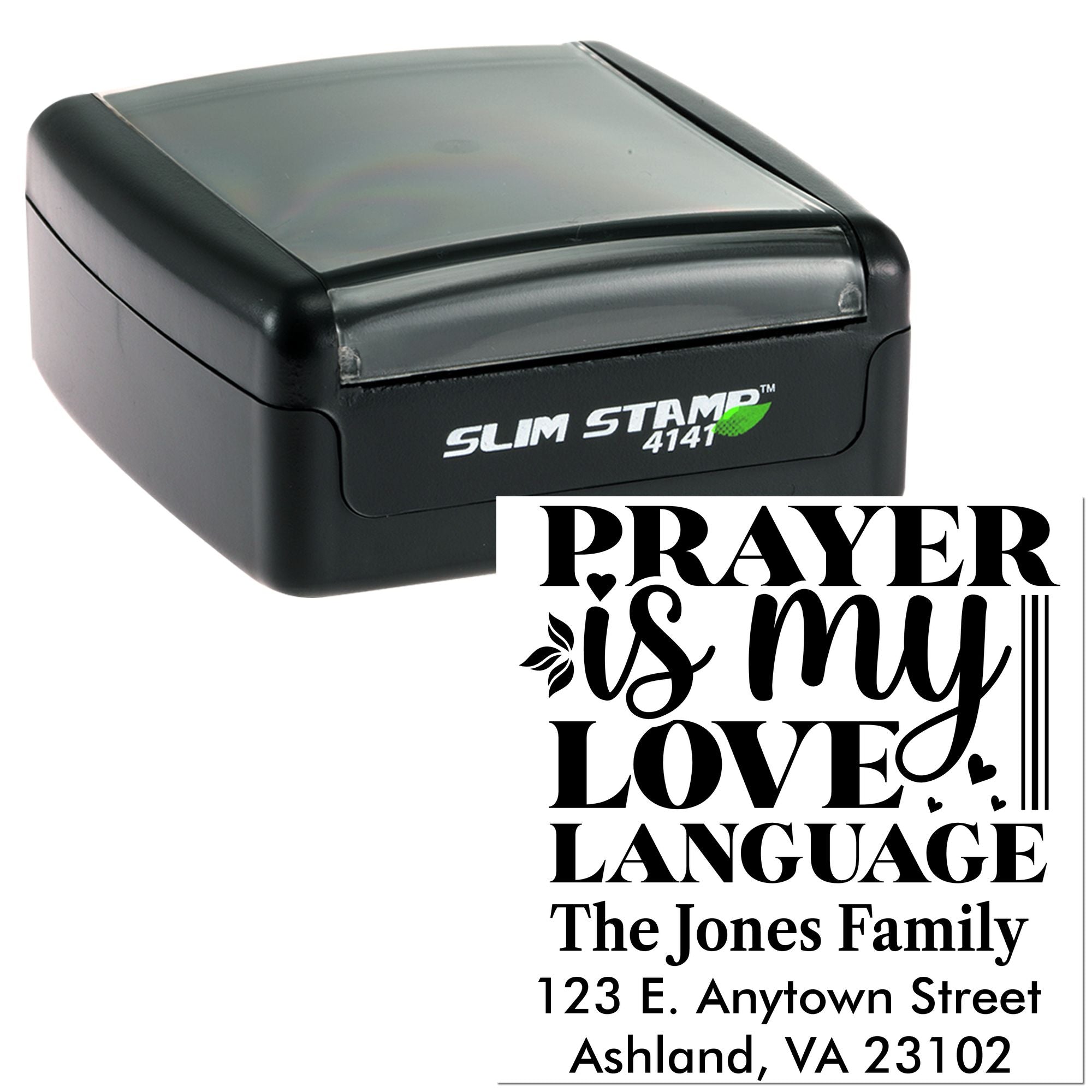 Custom self-inking rubber stamp with Prayer Is My Love Language return address design for family mailings and faith gifts.