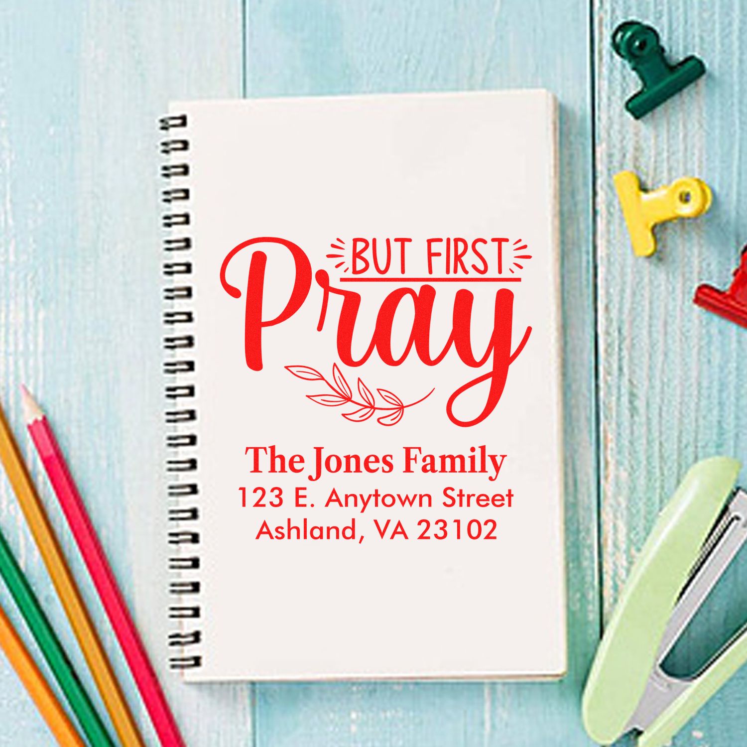 Personalized custom return address rubber stamp with But First Pray design for stationery, cards, and gifts.
