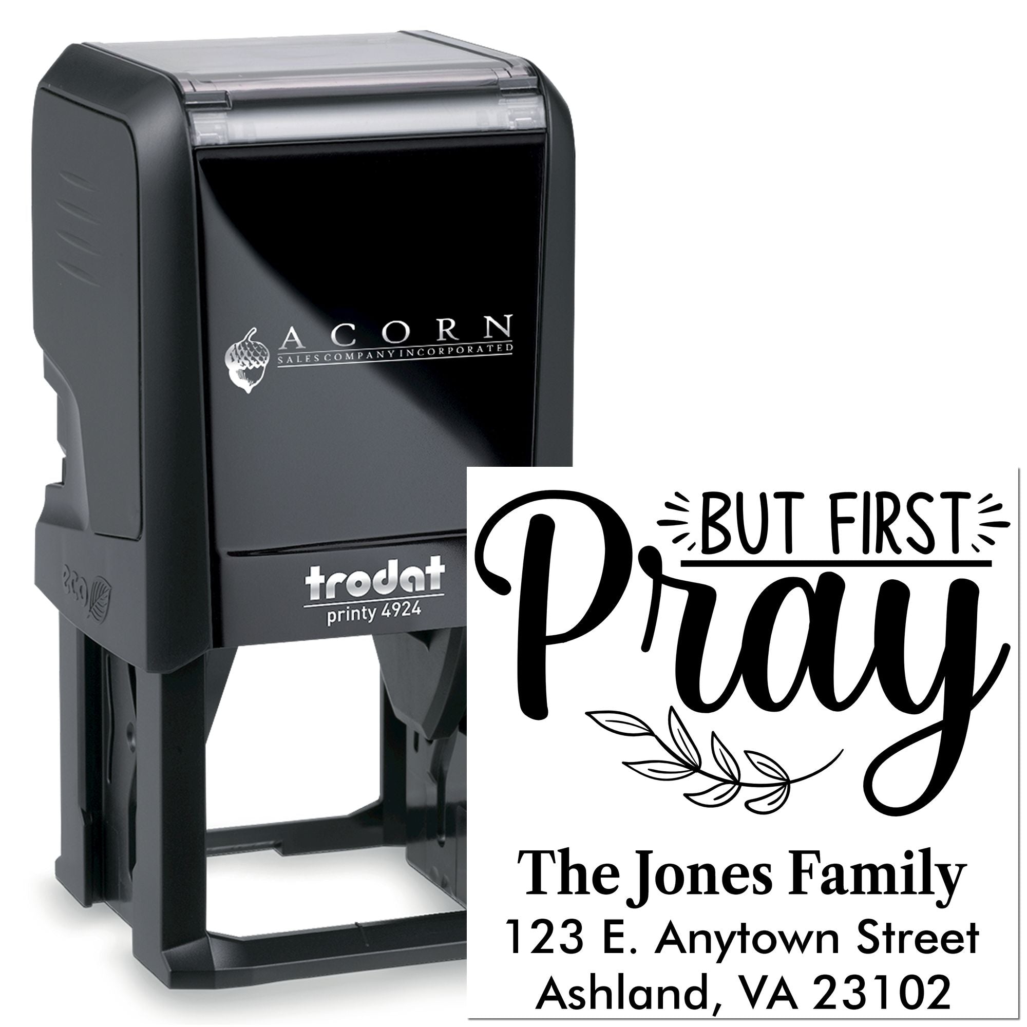 Custom self-inking rubber stamp with But First Pray design and personalized family address imprint.