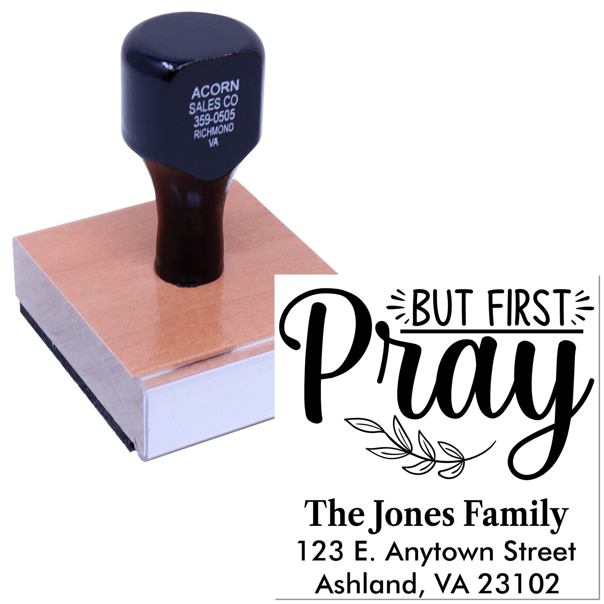 Custom return address rubber stamp with But First Pray design for personalized family mailings.