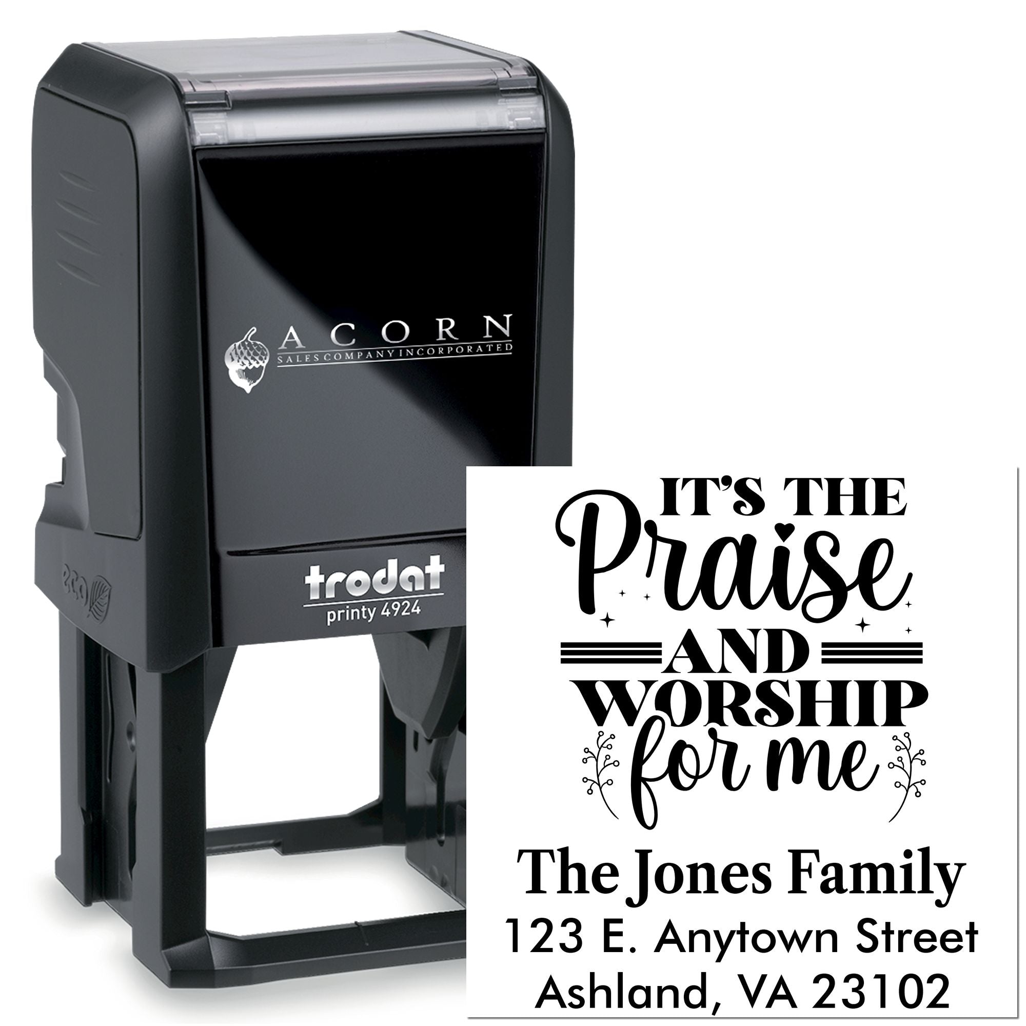 Custom self-inking rubber stamp with Its the Praise and Worship for me design and return address for church mail and envelopes.