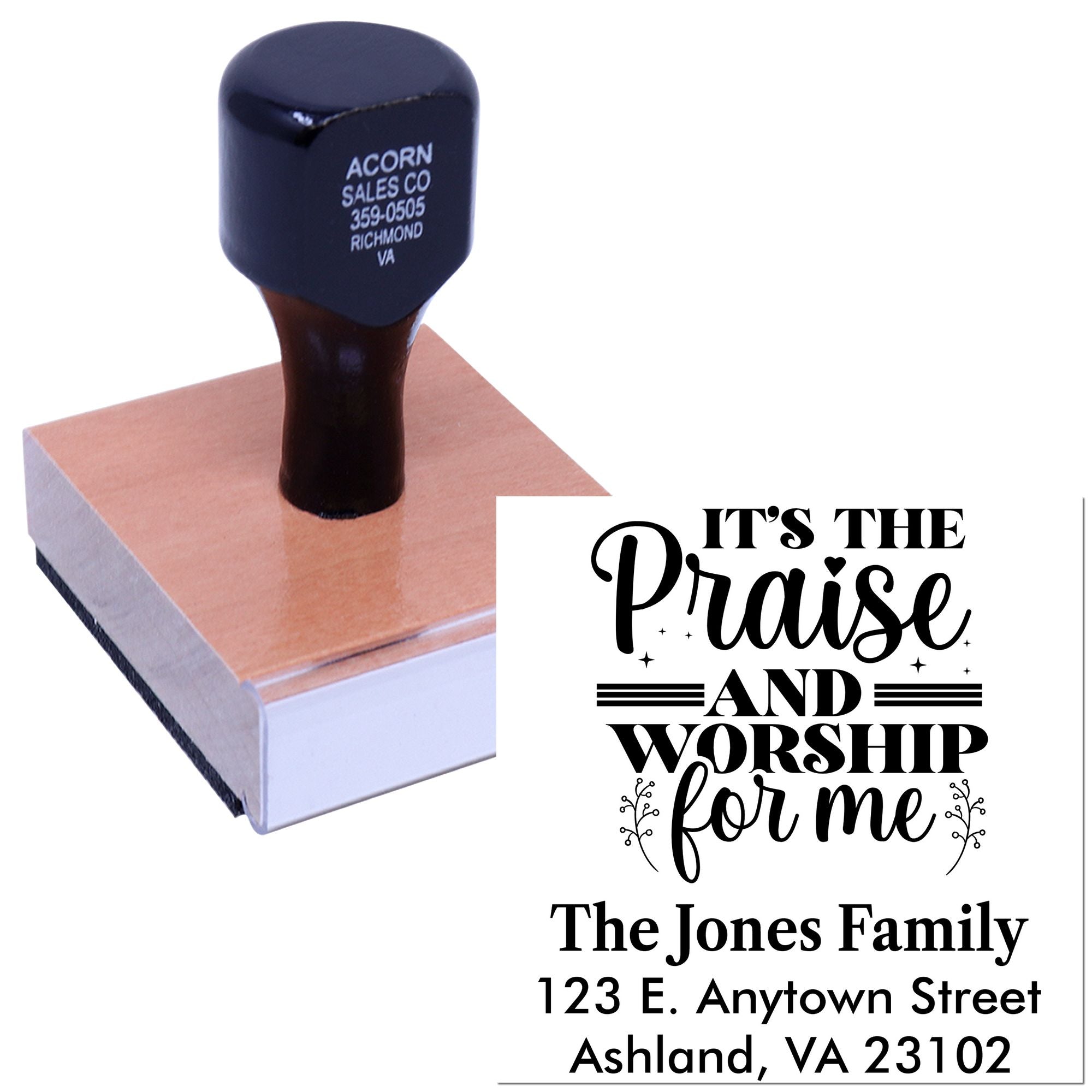 Custom rubber stamp with Its the Praise and Worship for Me design and personalized family return address for church gifts.