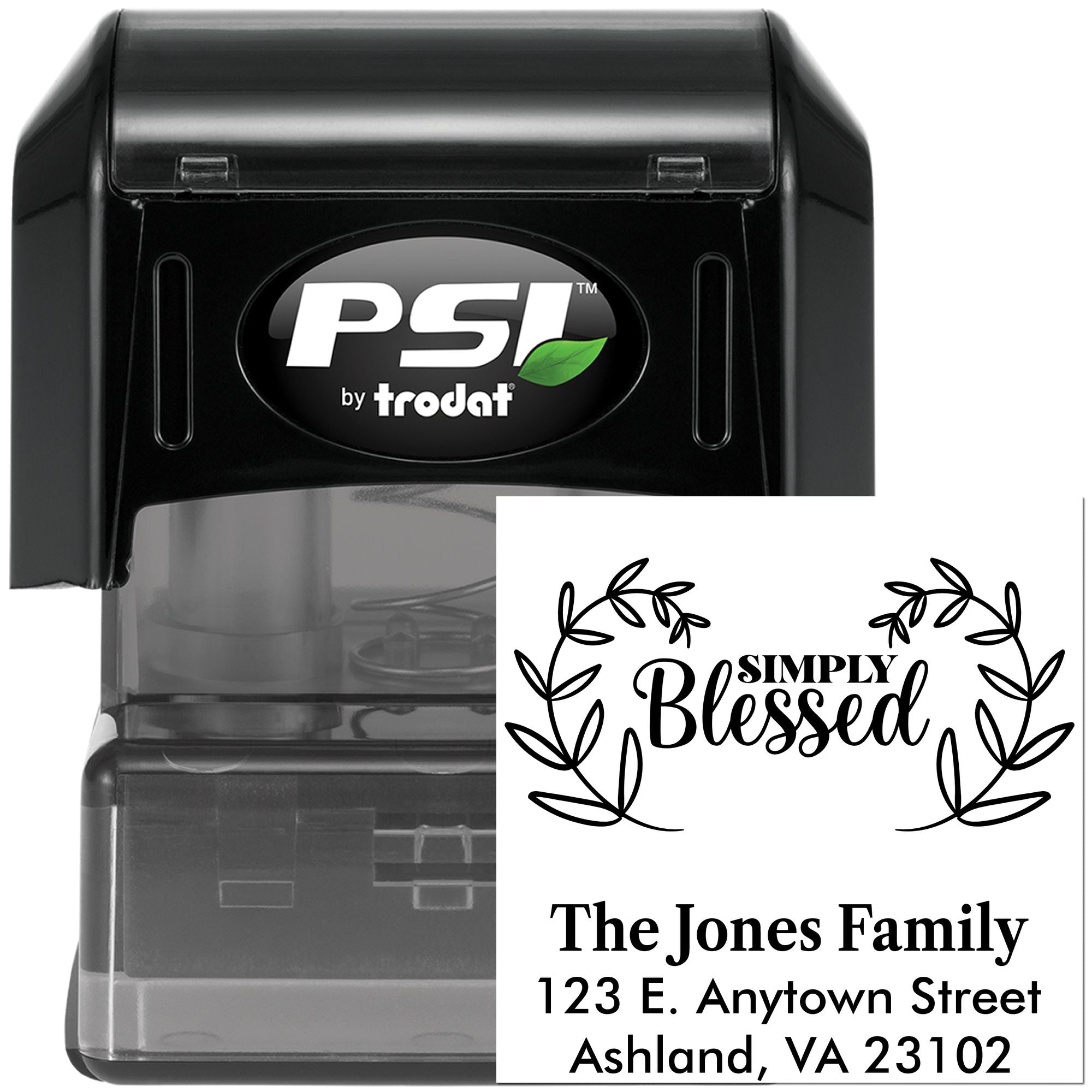 PSI by Trodat personalized self-inking rubber address stamp with Simply Blessed wreath family return address