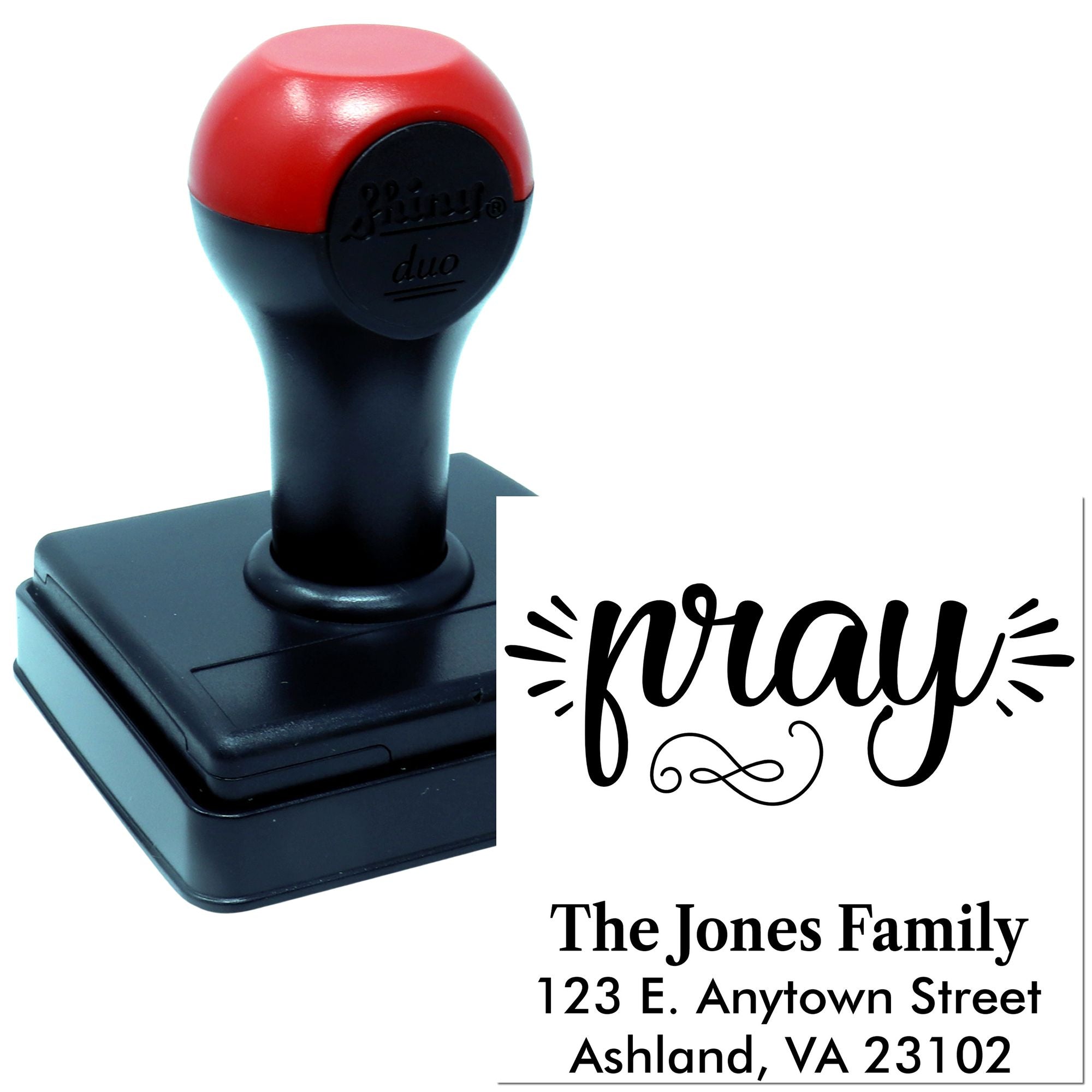 Custom self-inking rubber address stamp with pray design for personalized faith-based stationery and mail.
