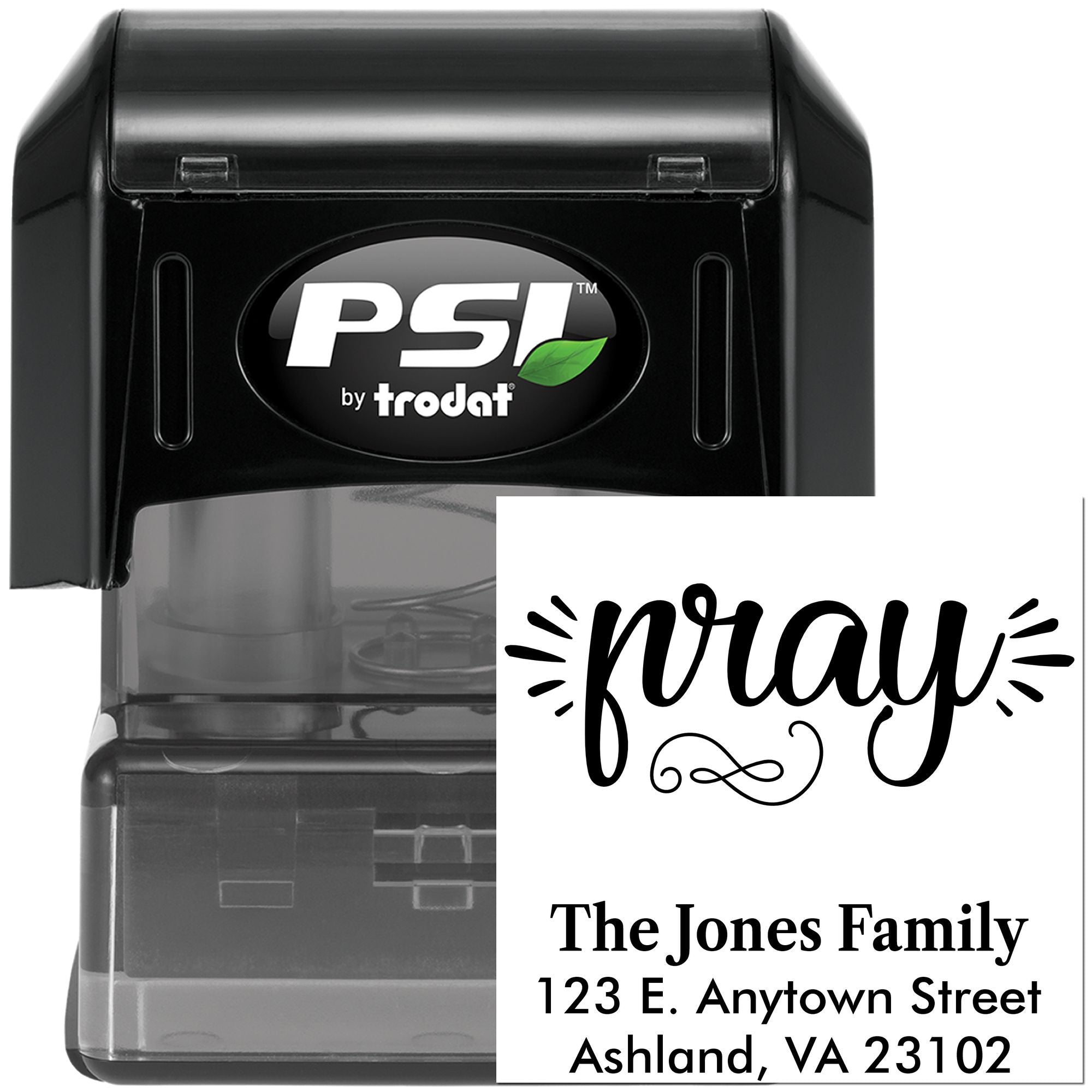 Custom self-inking rubber stamp with pray return address design for family envelopes and faith-based mailings