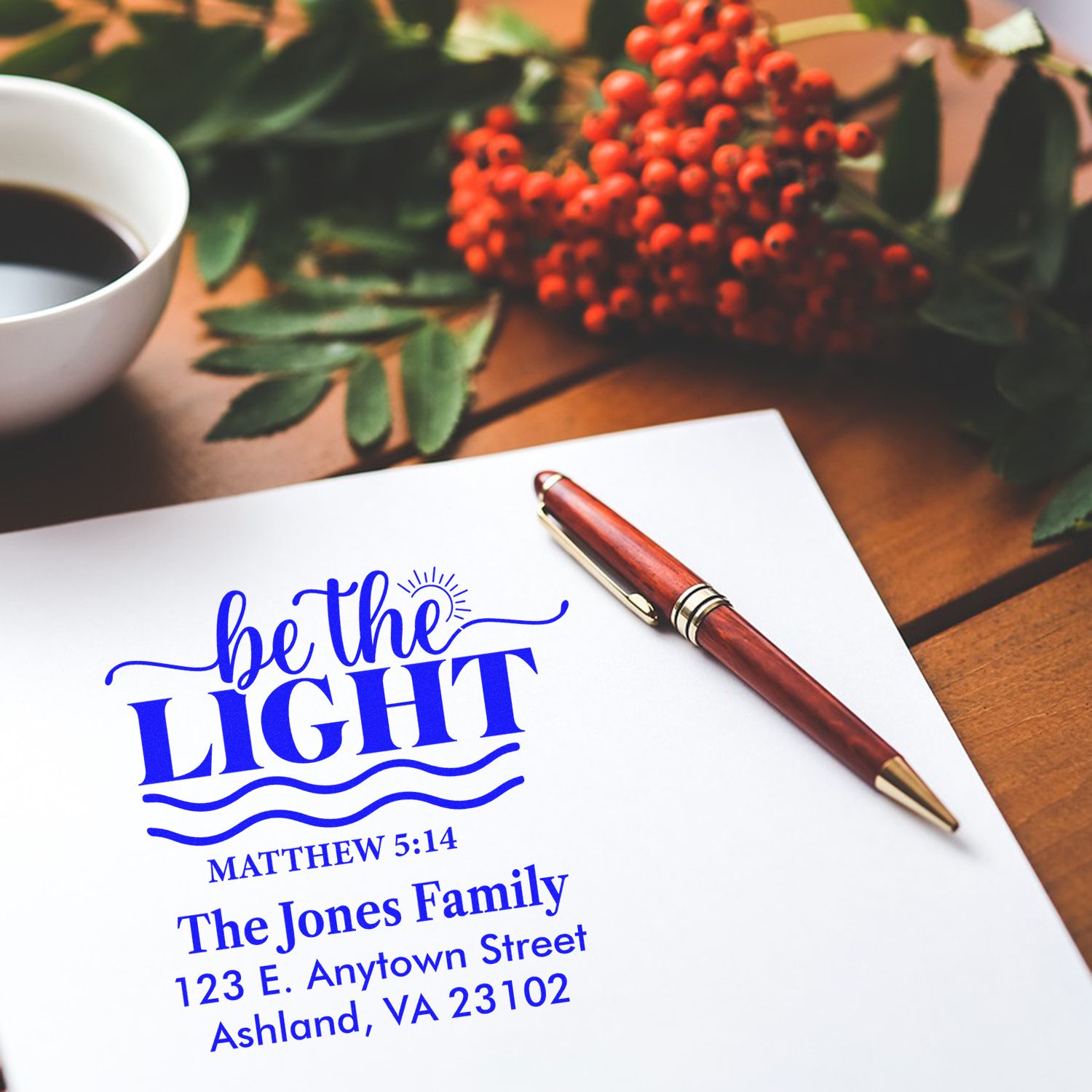 Custom Be the Light return address rubber stamp with Matthew 5:14 for personalized Christian envelopes.