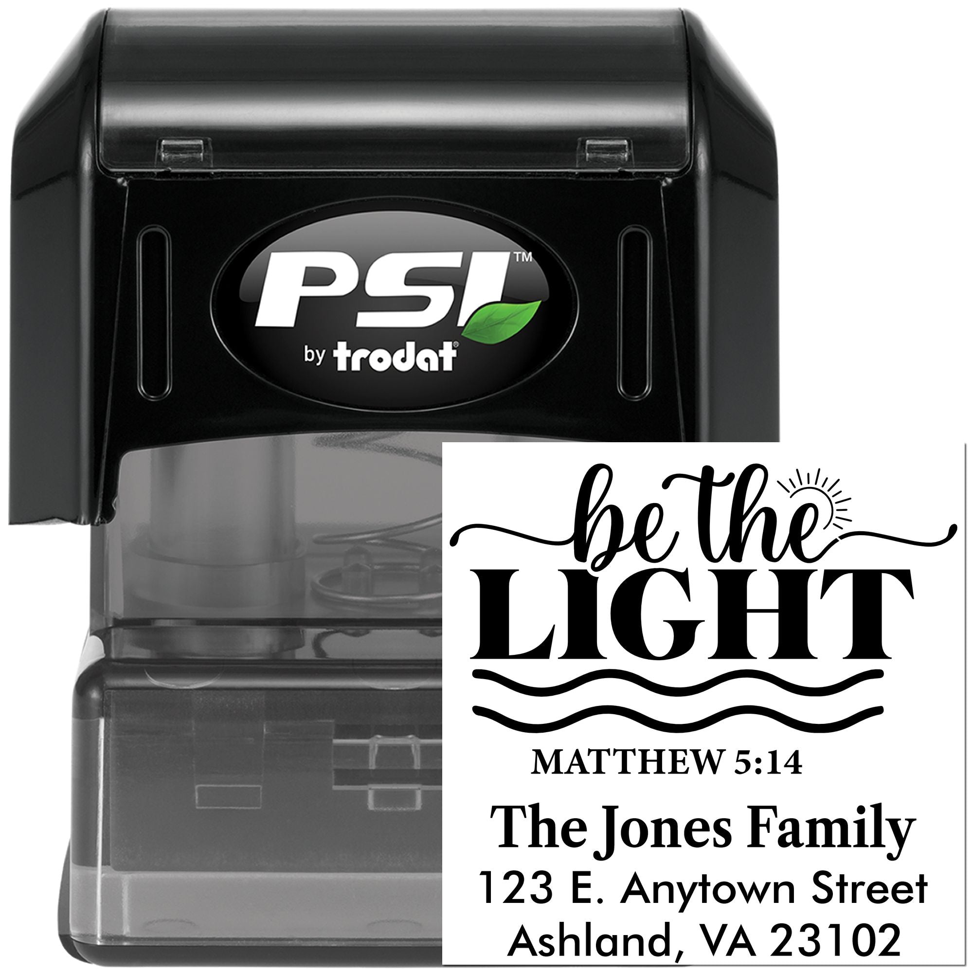 PSI by Trodat self-inking custom rubber stamp with Be the Light Matthew 5:14 and family address for church mailings.