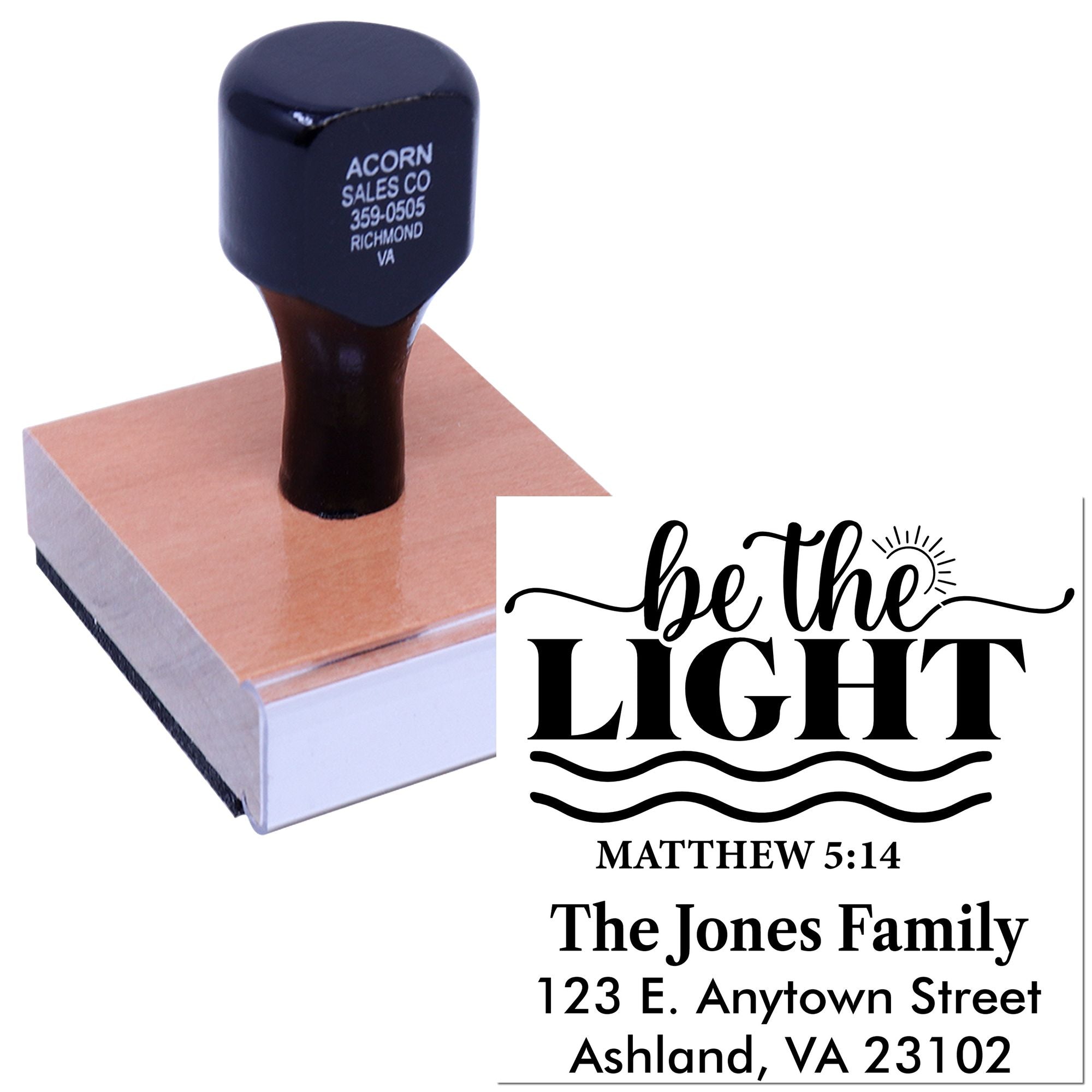 Custom rubber stamp for family address and Bible verse, featuring Be the Light Matthew 5:14 imprint.