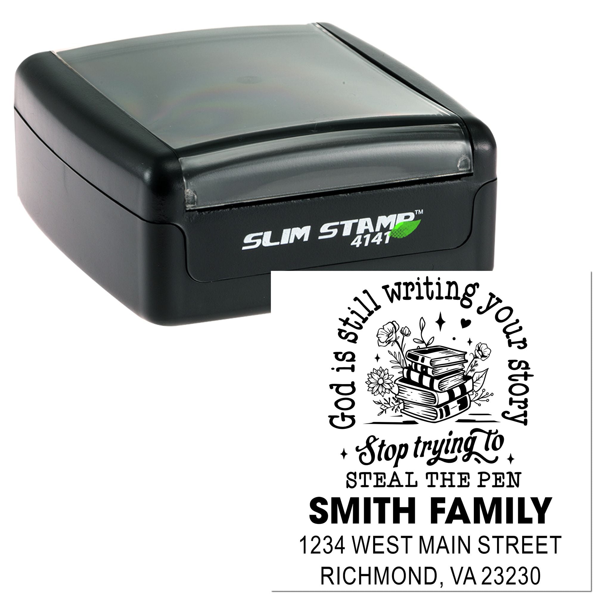 Custom self-inking rubber stamp with family name, address, and book-themed quote for personalized mail or stationery.
