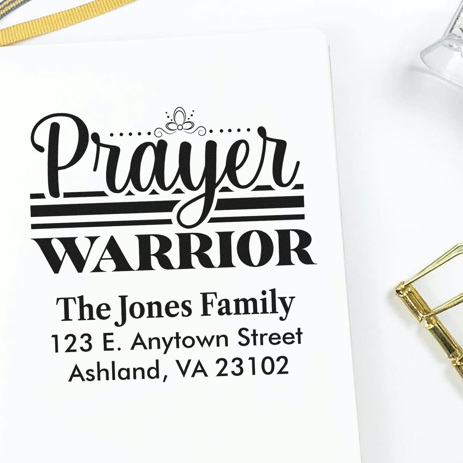 Personalized Prayer Warrior rubber stamp with family name and address for Christian stationery and mailing labels.