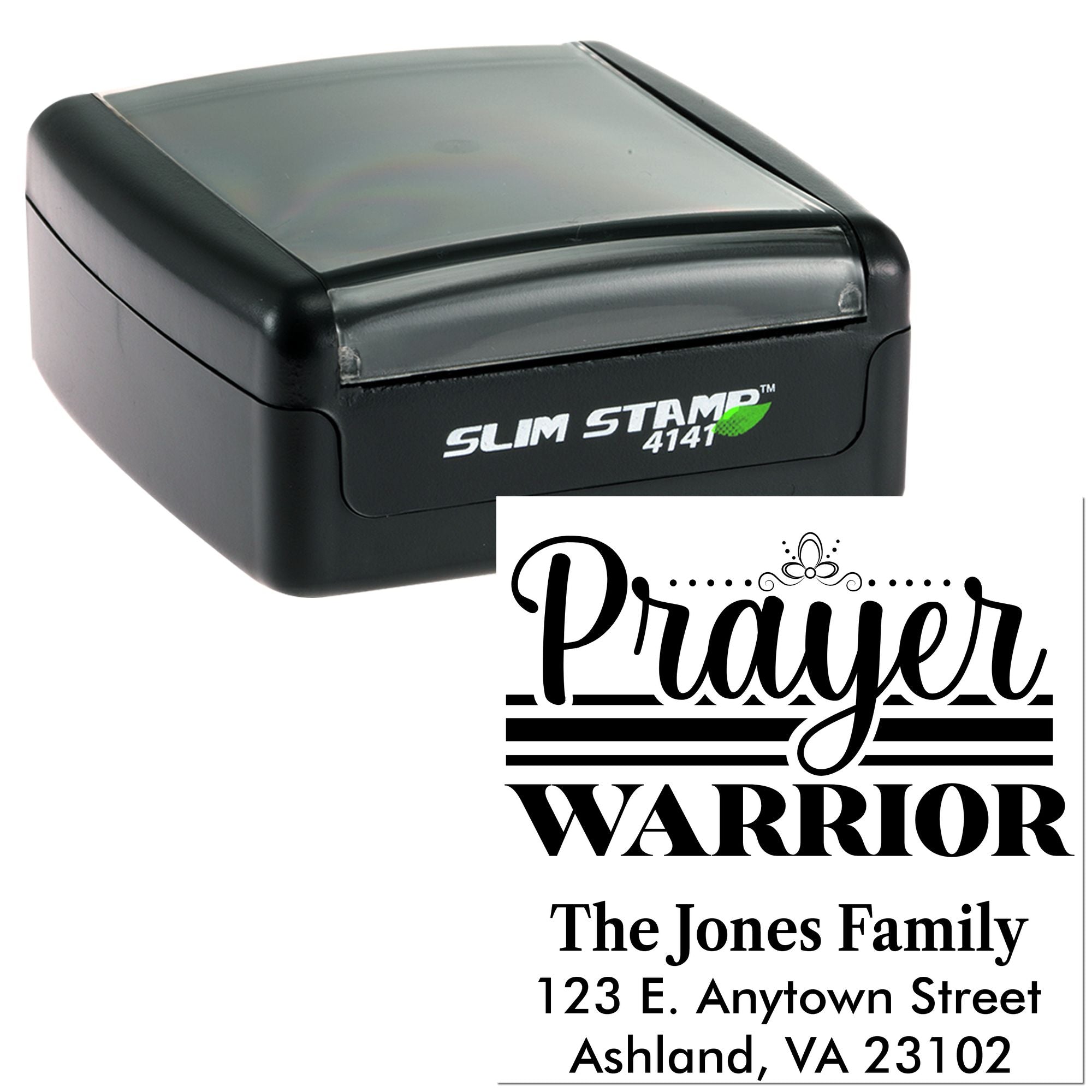 Custom self-inking rubber stamp with Prayer Warrior design and return address for personalized Christian mailing.