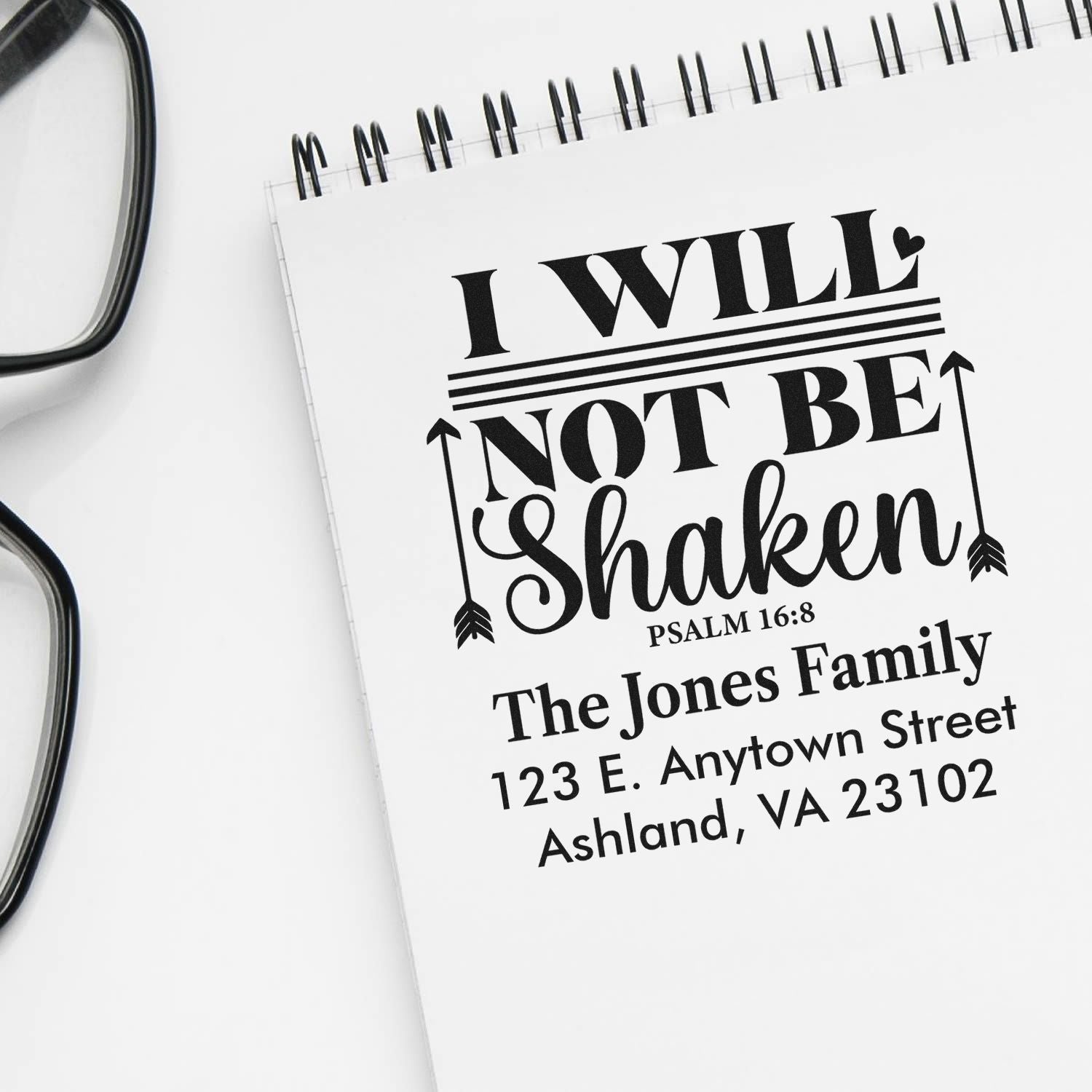 Custom Christian return address rubber stamp with I Will Not Be Shaken and The Jones Family address.