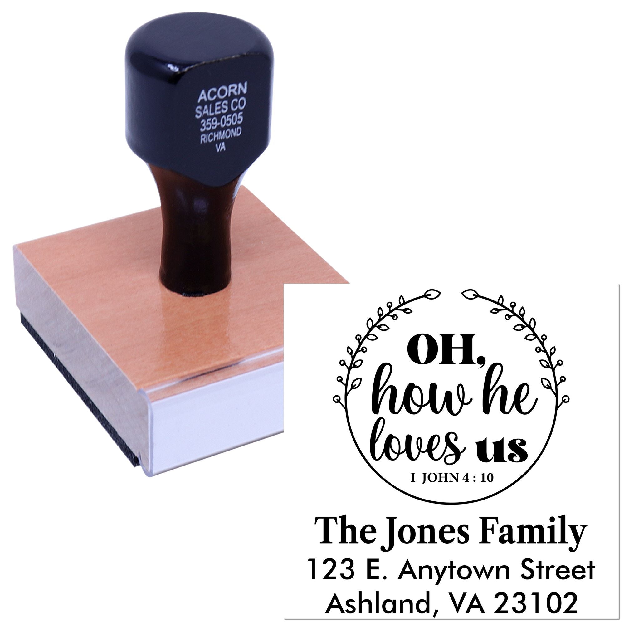 Custom self-inking rubber stamp with Bible verse design and return address for The Jones Family, ideal for personalized mailings.