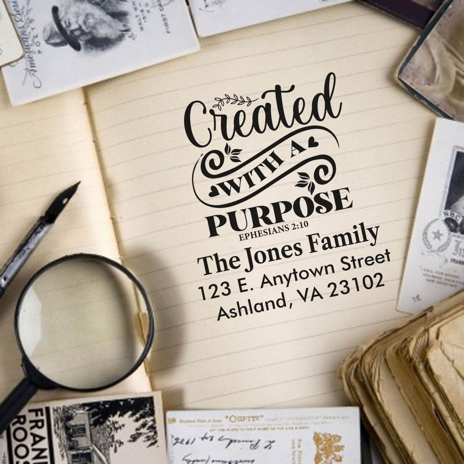Custom rubber stamp with Created with a Purpose Bible verse and personalized return address for family stationery.