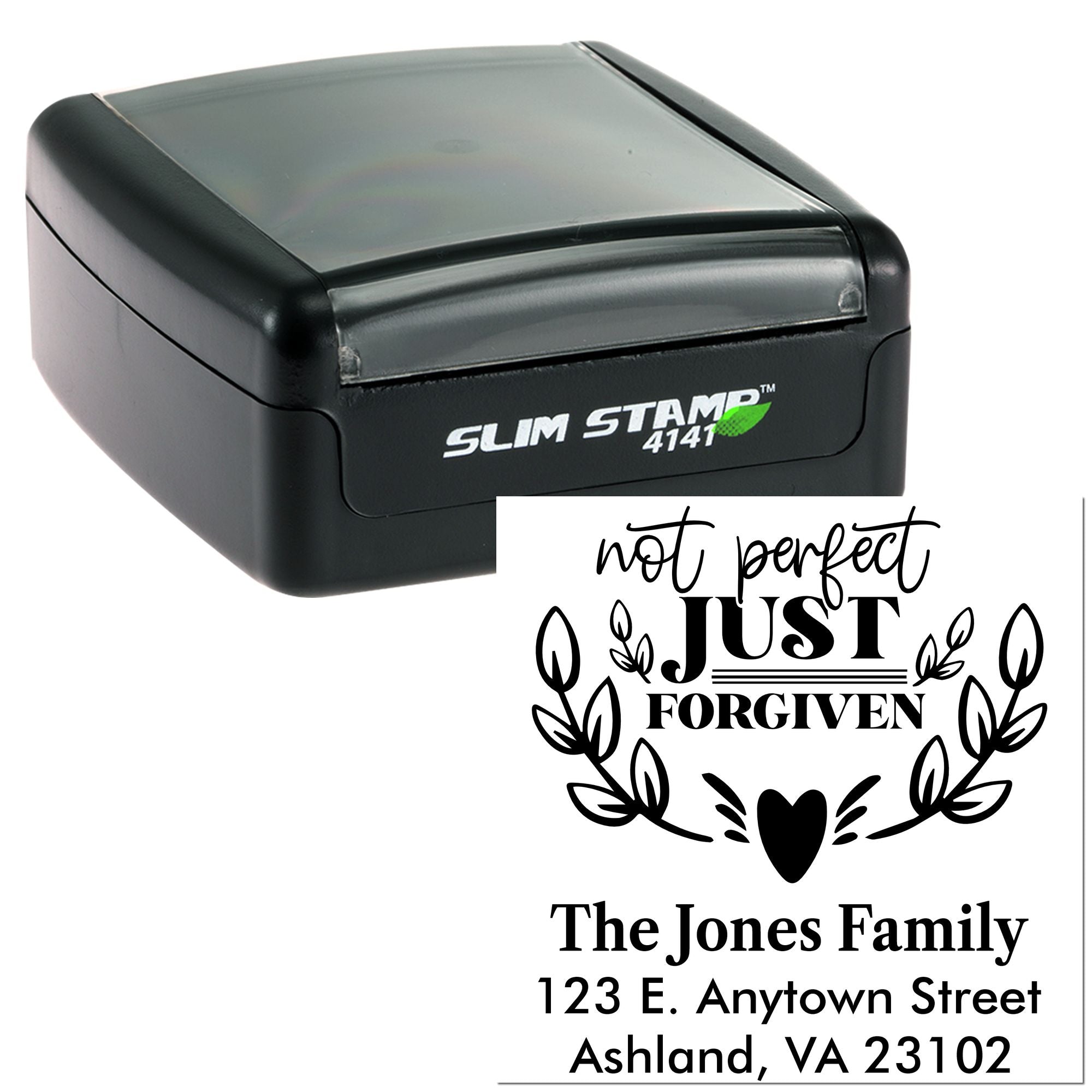 Self-inking custom rubber stamp with Not Perfect Just Forgiven family address design