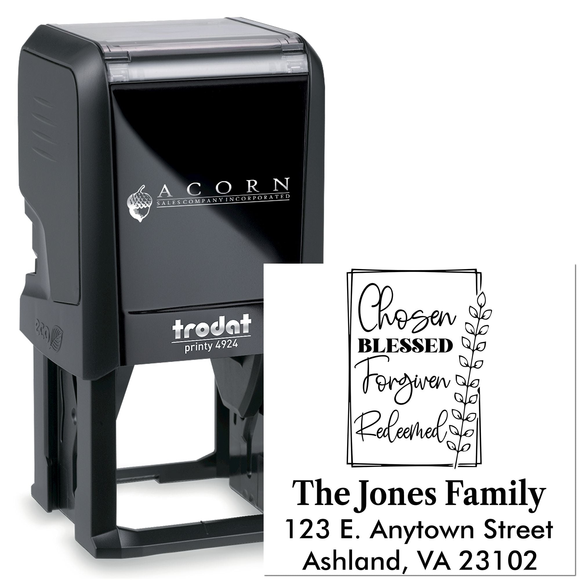 Custom self-inking rubber address stamp with chosen blessed forgiven redeemed design, ideal for personalized family mail and crafts