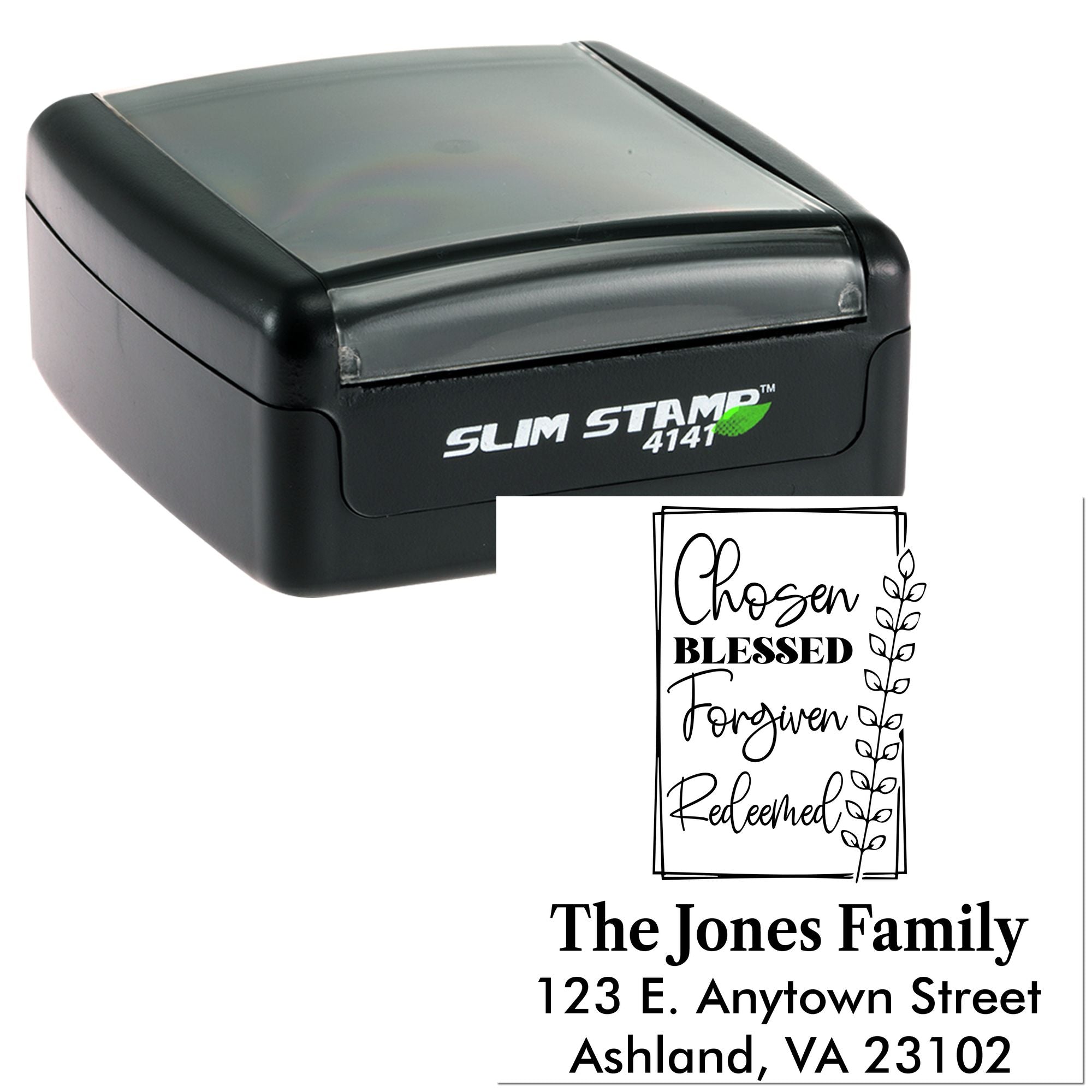 Custom self-inking rubber stamp preview with Chosen Blessed Forgiven Redeemed family address design.