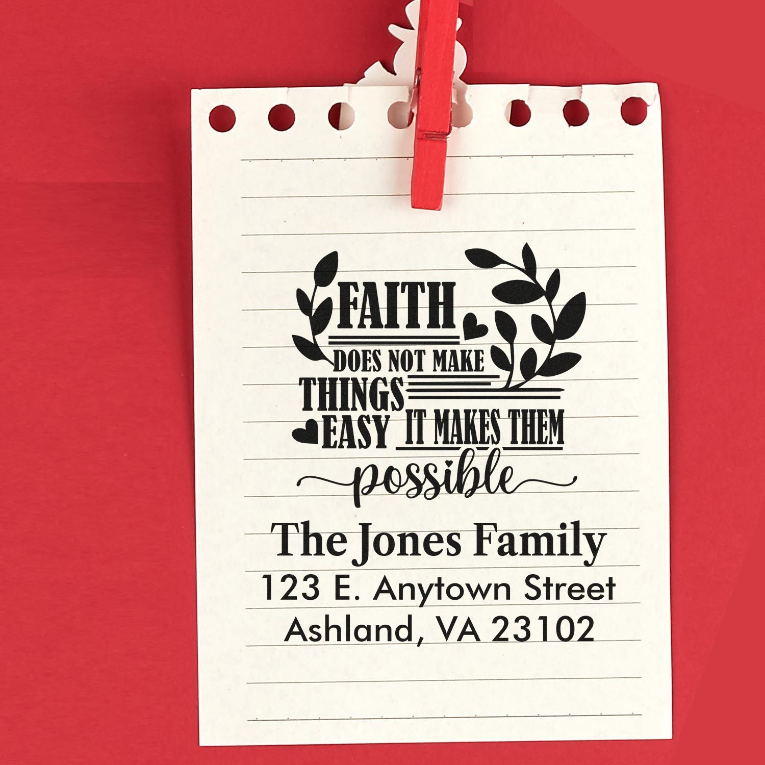 Custom faith quote address rubber stamp impression on lined note paper with leafy design and family name.