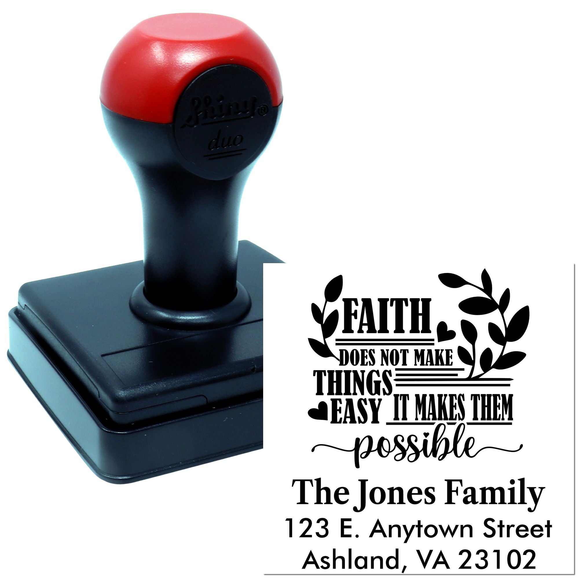 Custom self-inking rubber stamp with faith quote and personalized family address, ideal for return-address and motivational stamping.