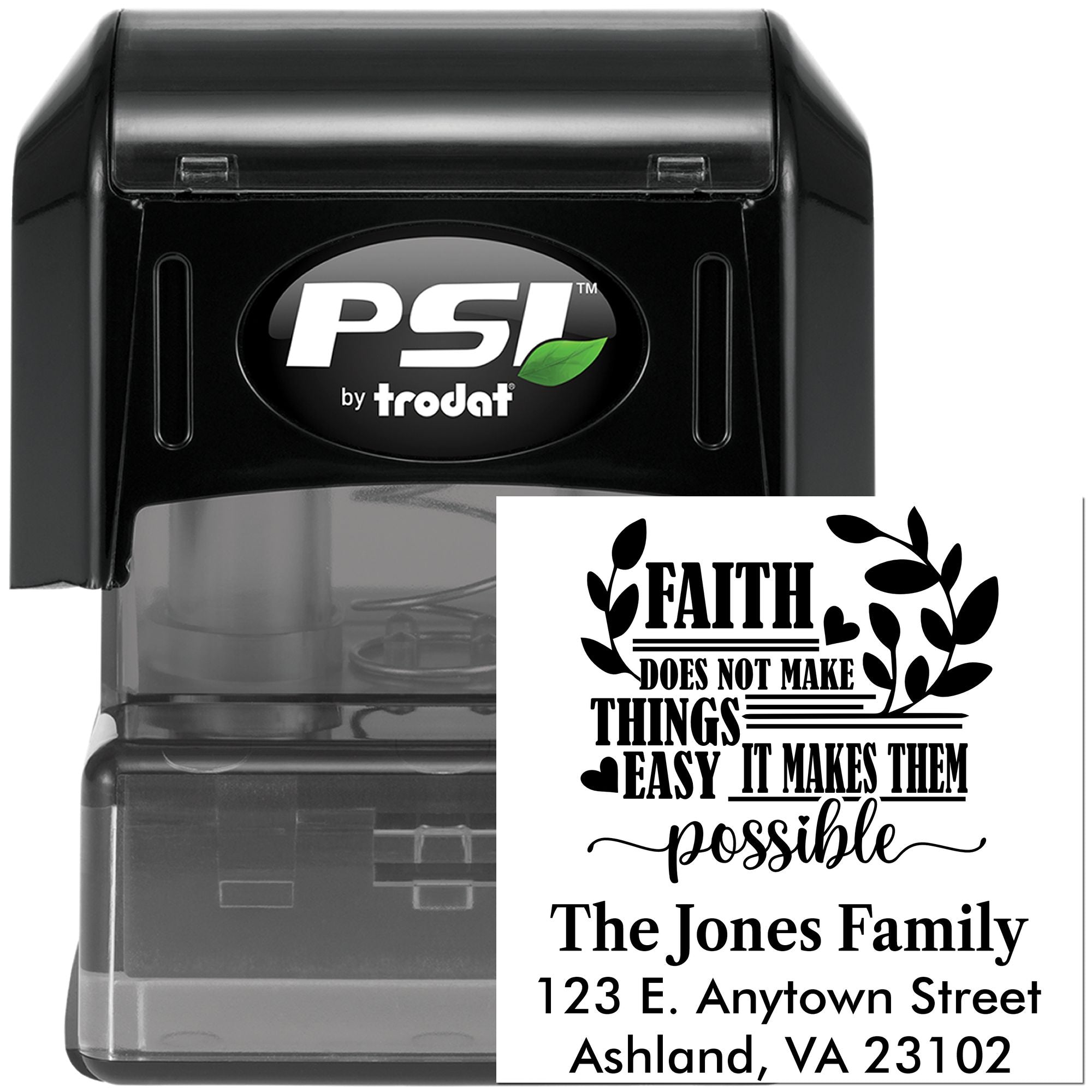 Custom self-inking address rubber stamp with faith quote and family name, ideal for personalized mailing and packaging.