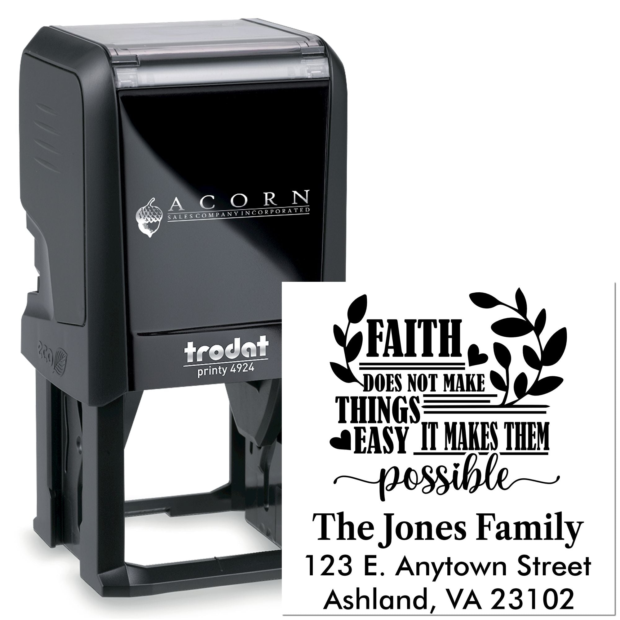 Trodat self-inking rubber stamp with custom faith quote and return address for The Jones Family.