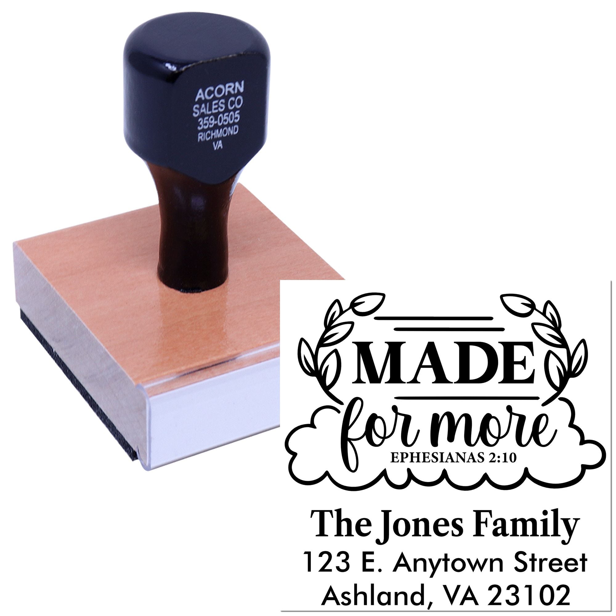 Personalized rubber address stamp with Made for More Christian family design and return address details.
