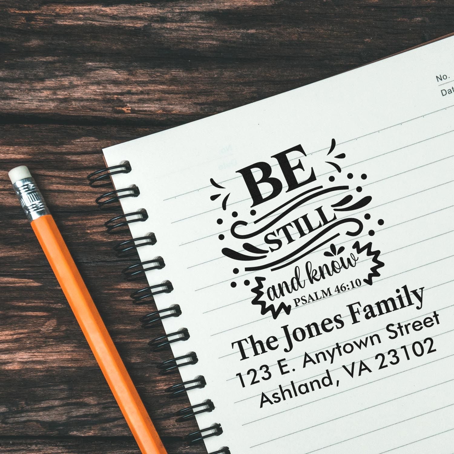 Custom Christian rubber stamp with Be Still and Know Bible verse and family return address for stationery