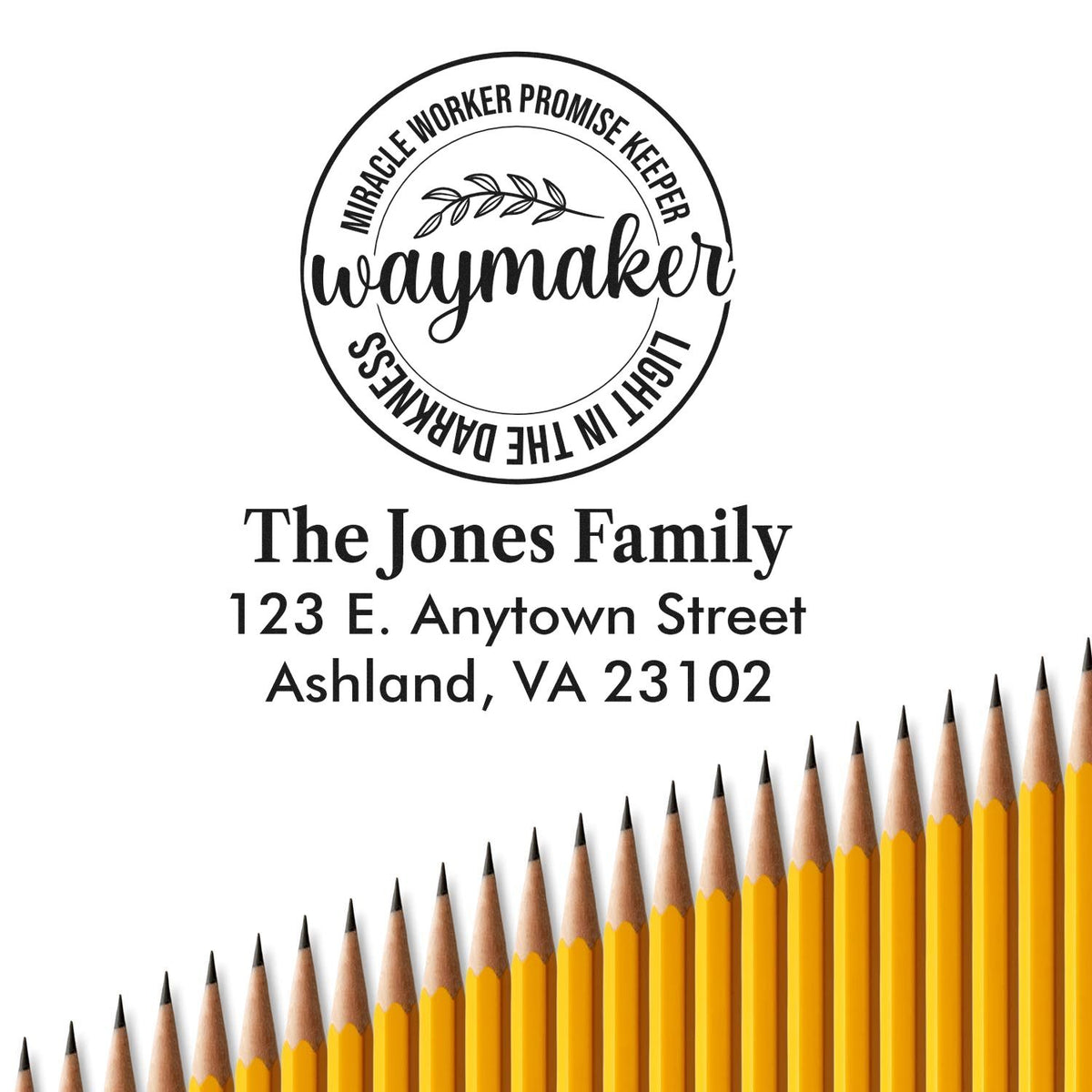 Personalized family return address rubber stamp with Waymaker faith design for The Jones Family, Ashland, VA.