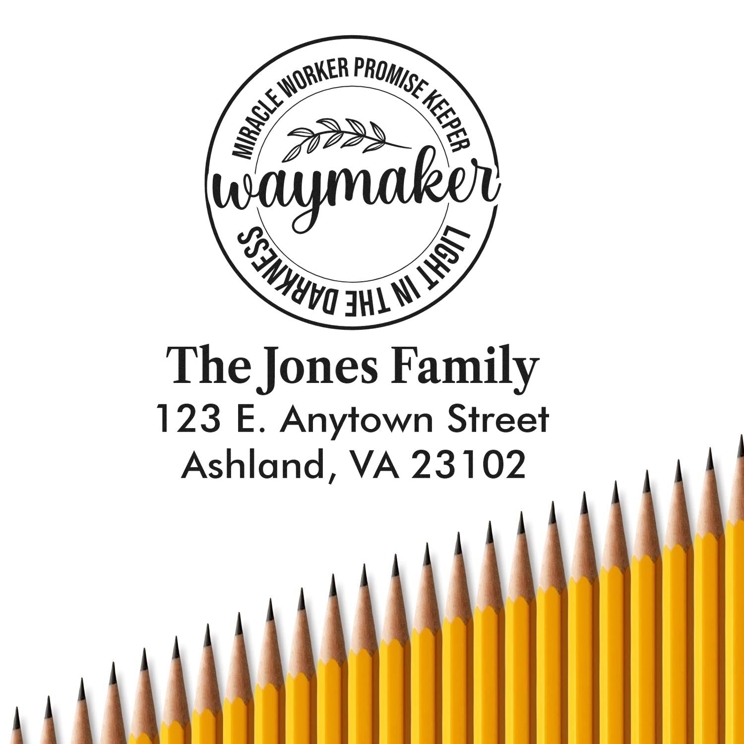 Custom Waymaker rubber address stamp for The Jones Family, featuring Miracle Worker Promise Keeper text and Ashland, VA address.