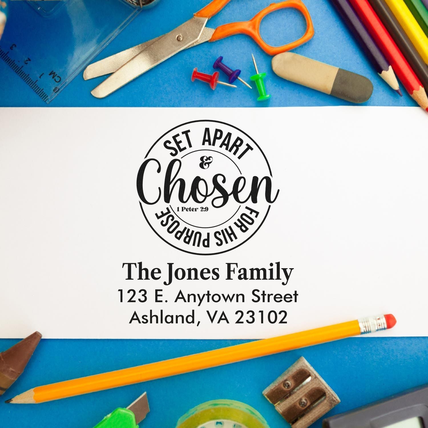 Custom rubber stamp with Set Apart & Chosen design, featuring The Jones Family address for personalized church or mailing use.