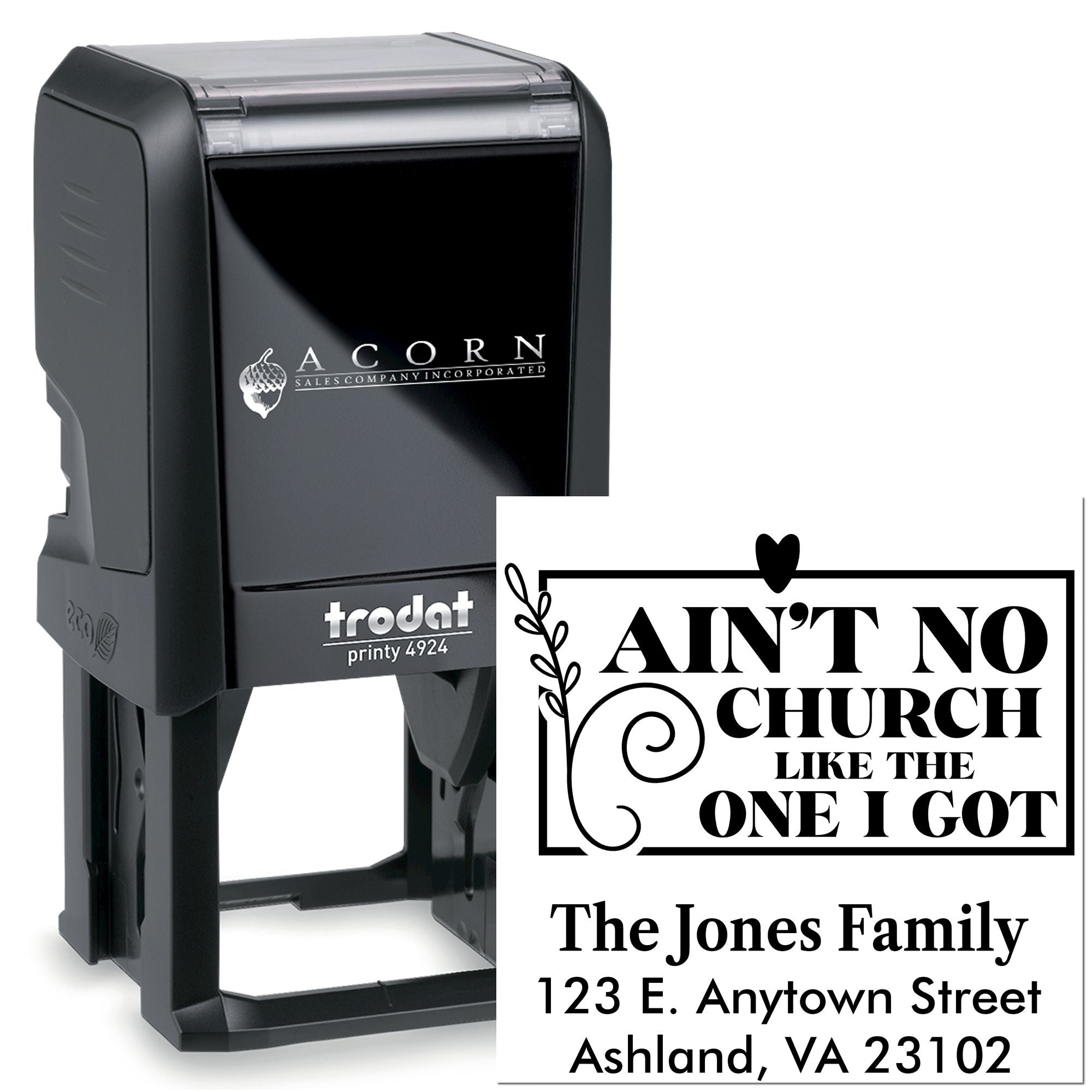 Trodat Printy 4924 self-inking return address rubber stamp with custom church quote and family name for personalized mailings.