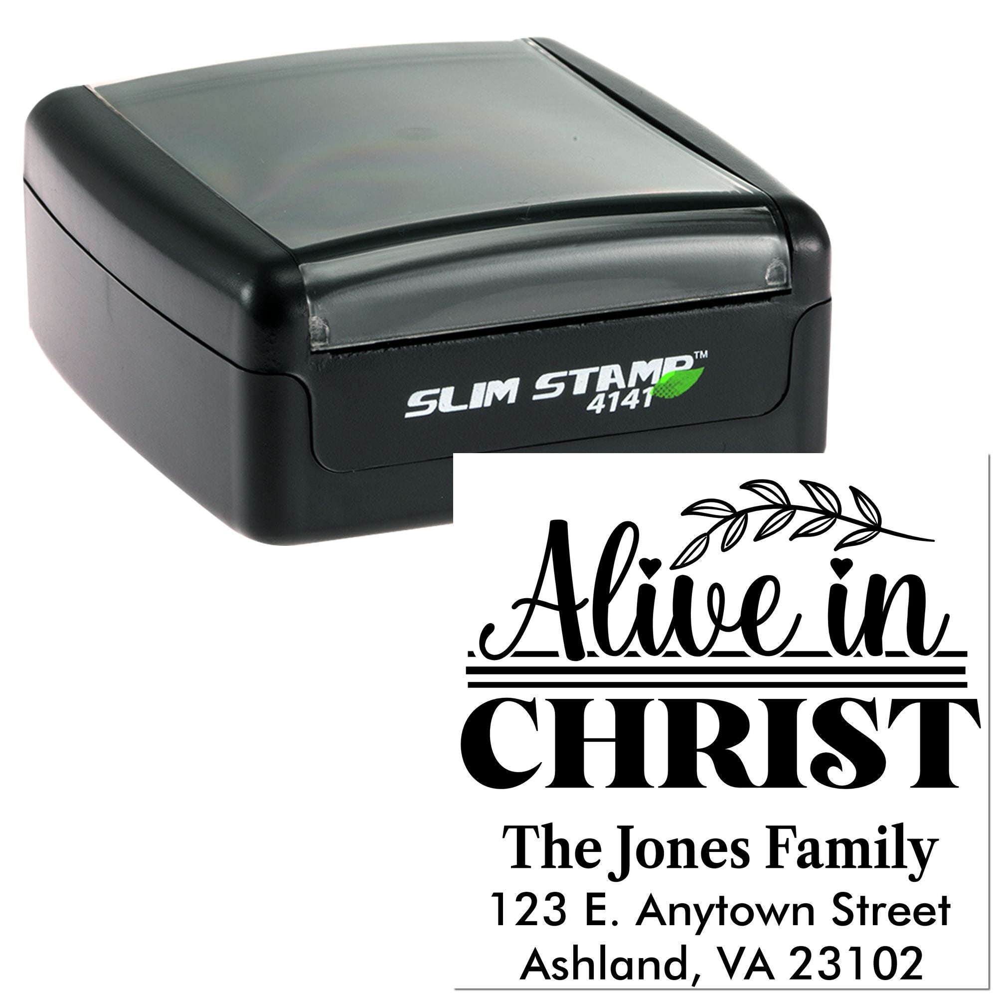 Custom self-inking rubber address stamp with Alive in Christ design and family return address for Christian mailings.