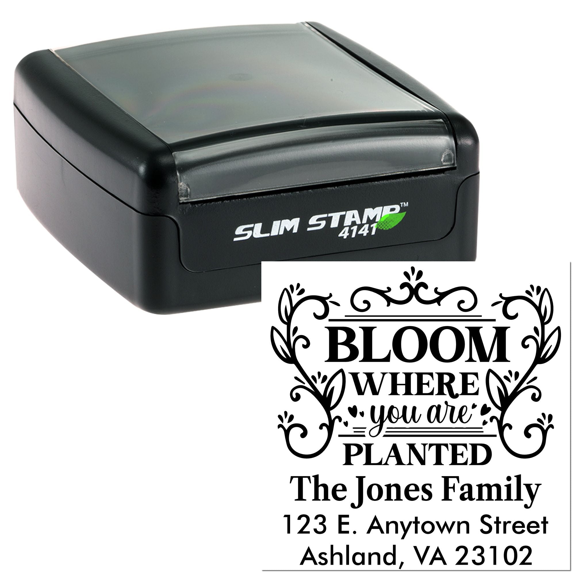 Custom self-inking rubber stamp with floral Bloom Where You Are Planted design, family name, and address for personalized mailing.