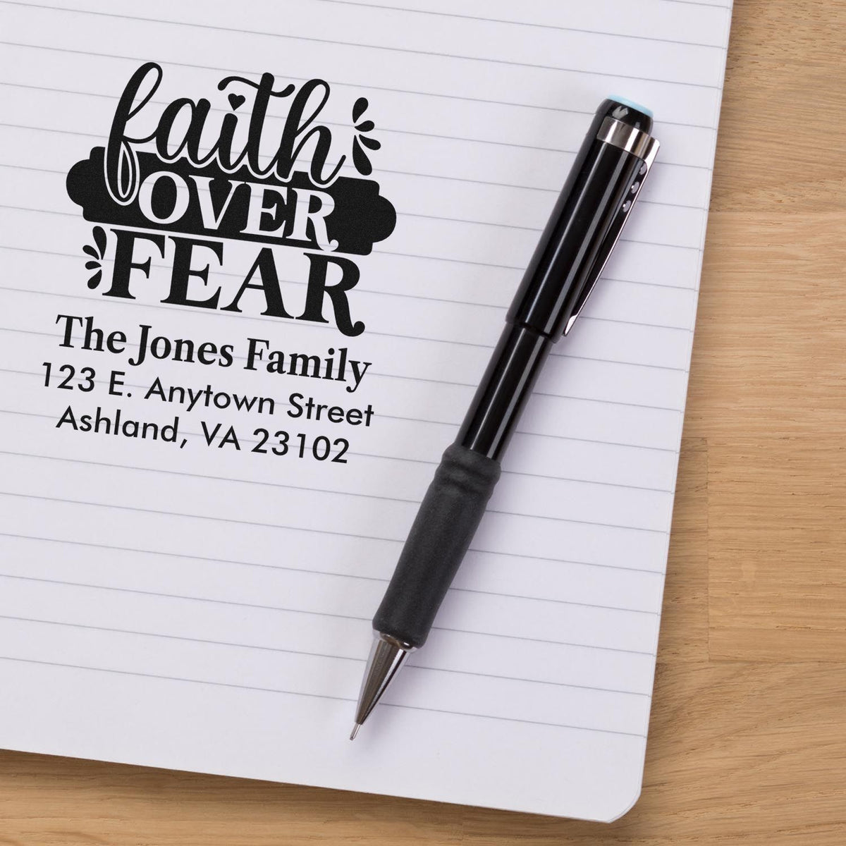 Personalized address rubber stamp with Faith Over Fear design and The Jones Family return address