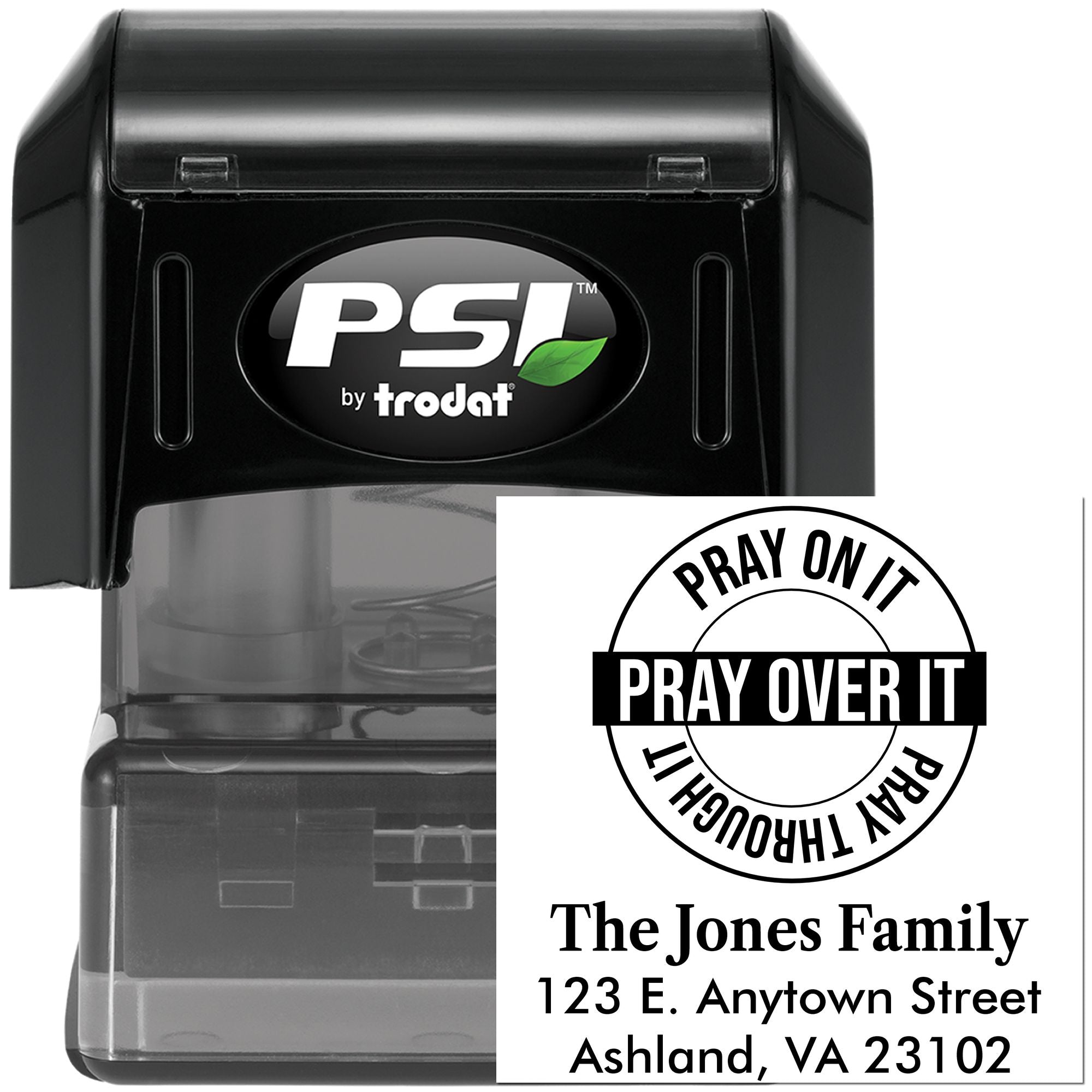 Custom self-inking return address rubber stamp with Pray Over It faith design, PSI by Trodat.