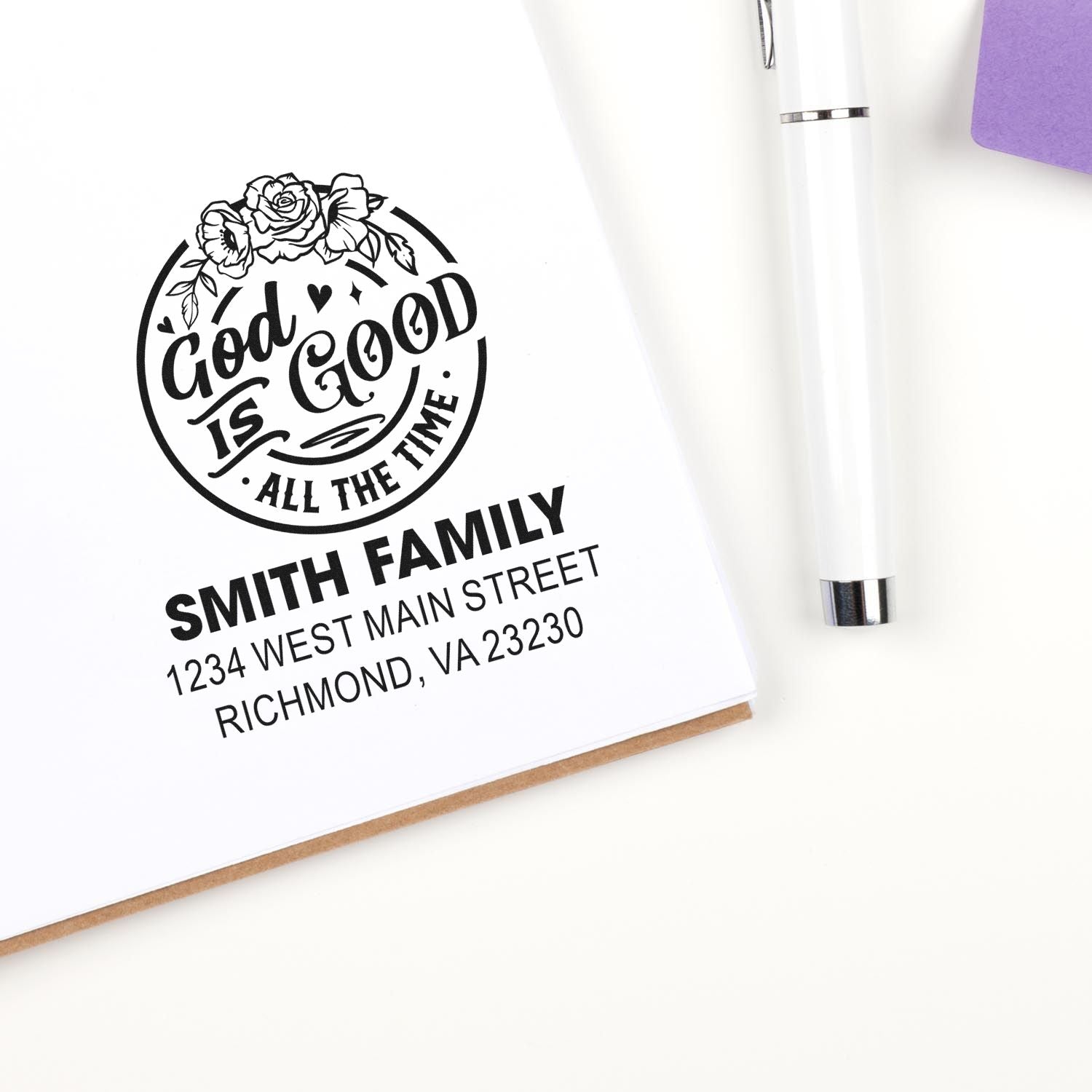 Custom rubber stamp with floral God Is Good All the Time design and Smith family return address for envelopes.