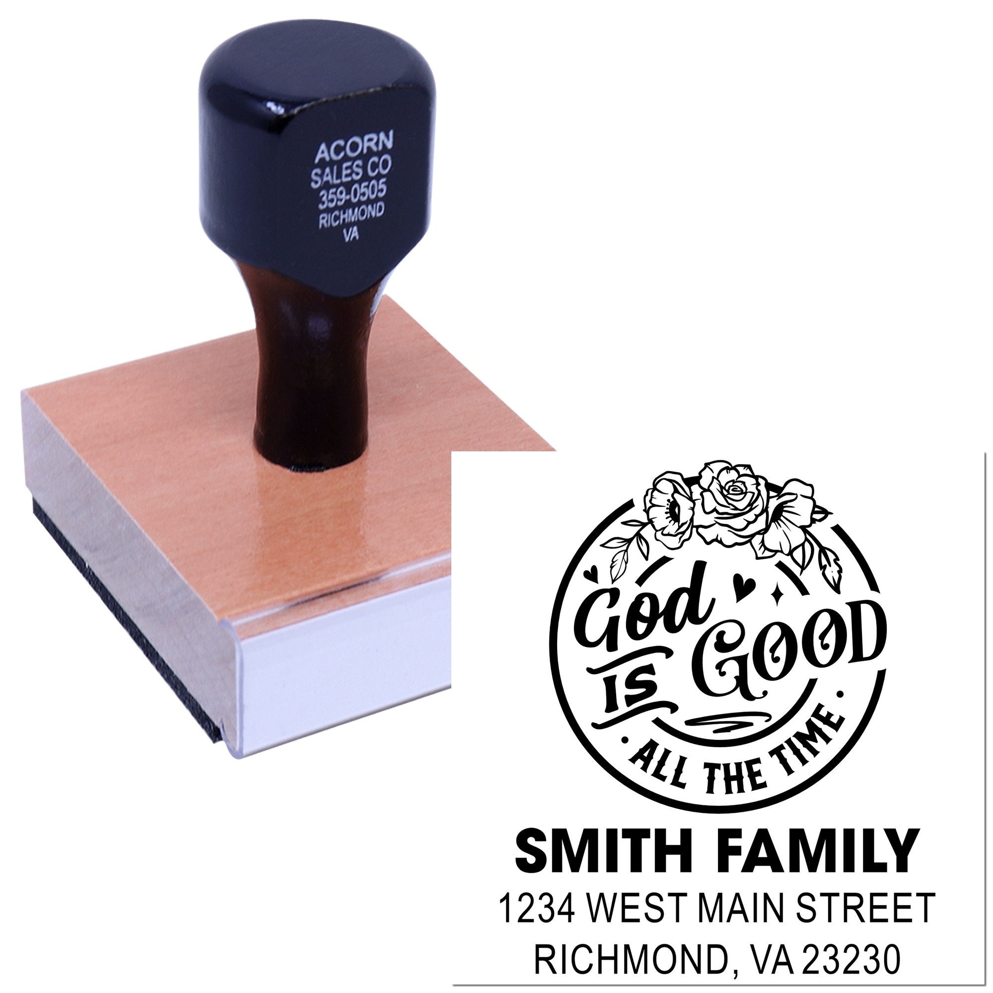 Custom family address rubber stamp with floral God Is Good design for envelopes, weddings, and faith-based mailings.