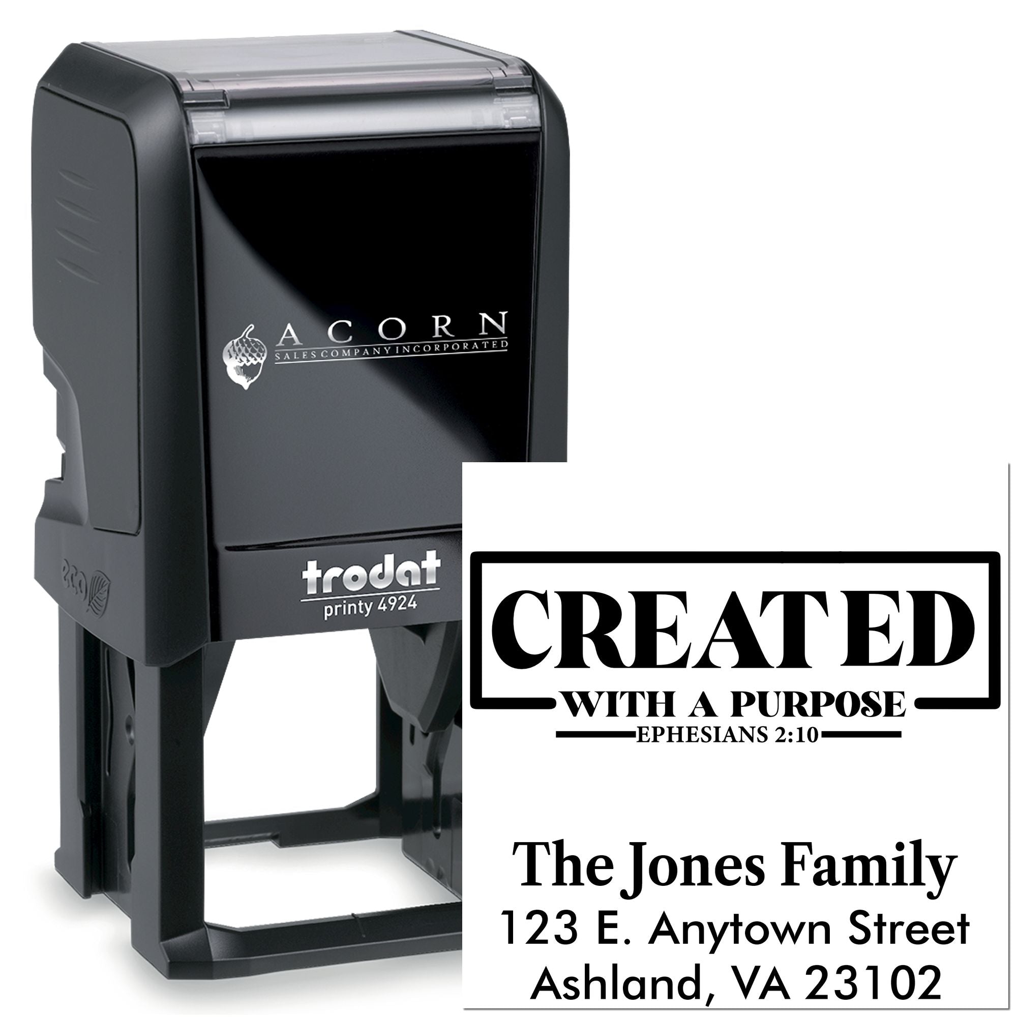 Trodat Printy 4924 self-inking rubber stamp with custom Christian family address imprint reading Created with a Purpose